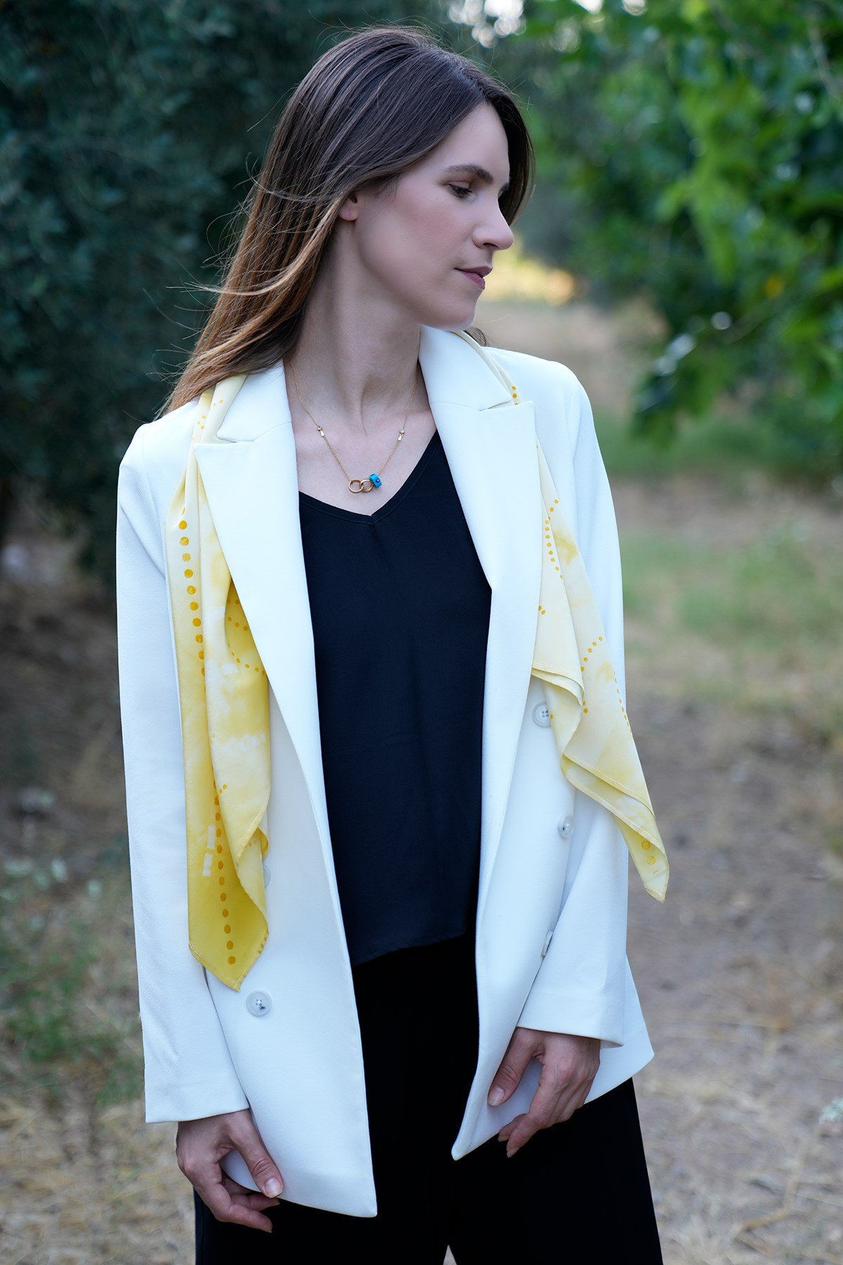 %100 İpek Batik Eşarp Sarı - Krem Desenli