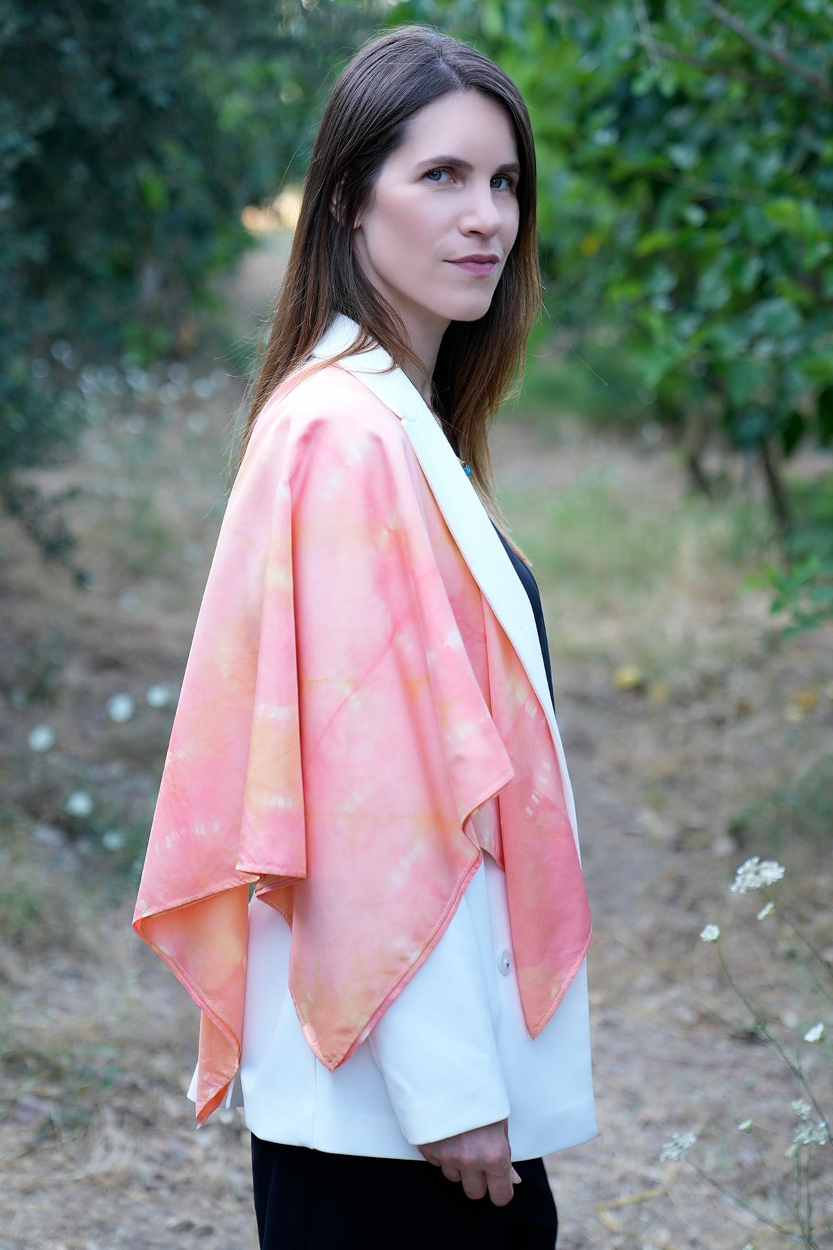 %100 İpek Batik Eşarp Somon - Pudra