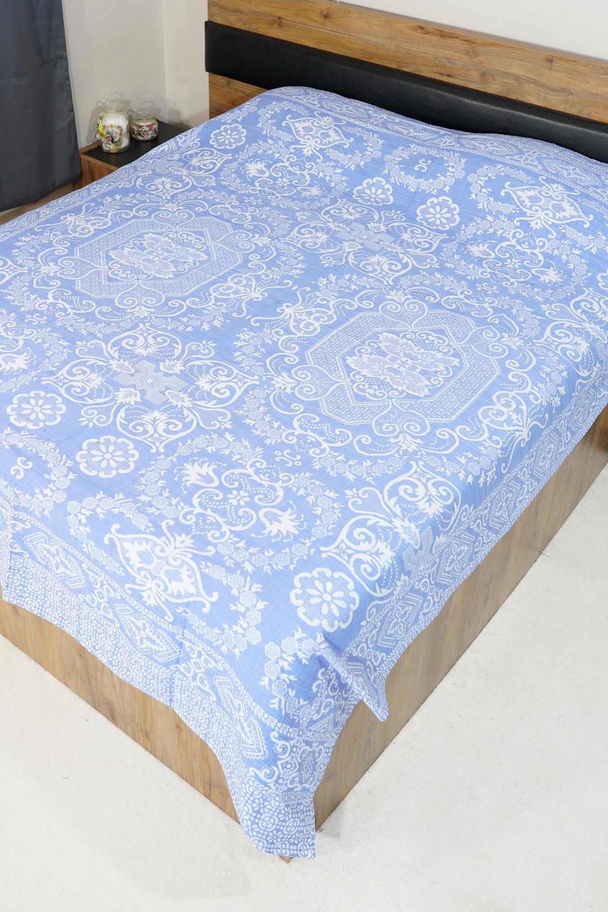 %100 Pamuk El Dokuması Çiçek Desenli Pike 190 x 230 cm - Açık Mavi