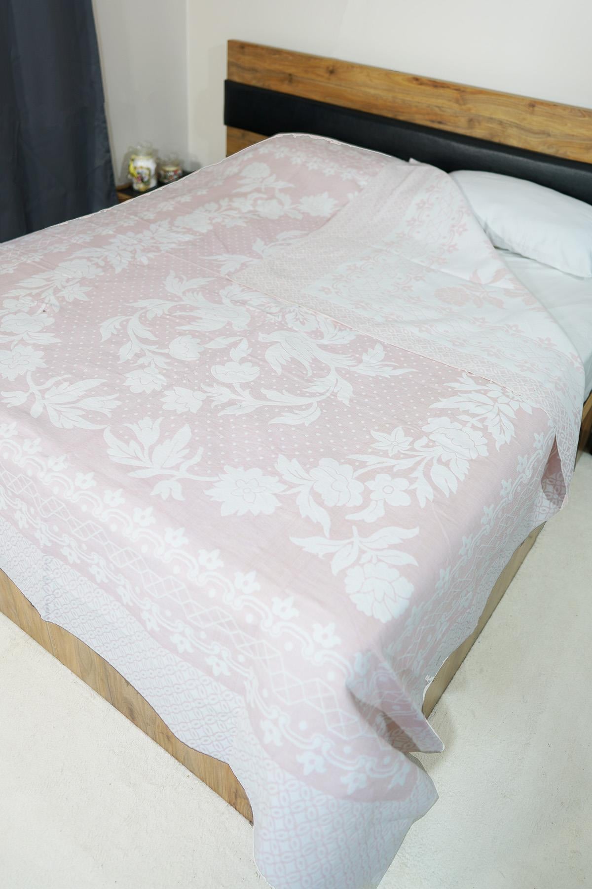 %100 Pamuk El Dokuması Kuş Desenli Pike 190 x 225 cm - Pudra 
