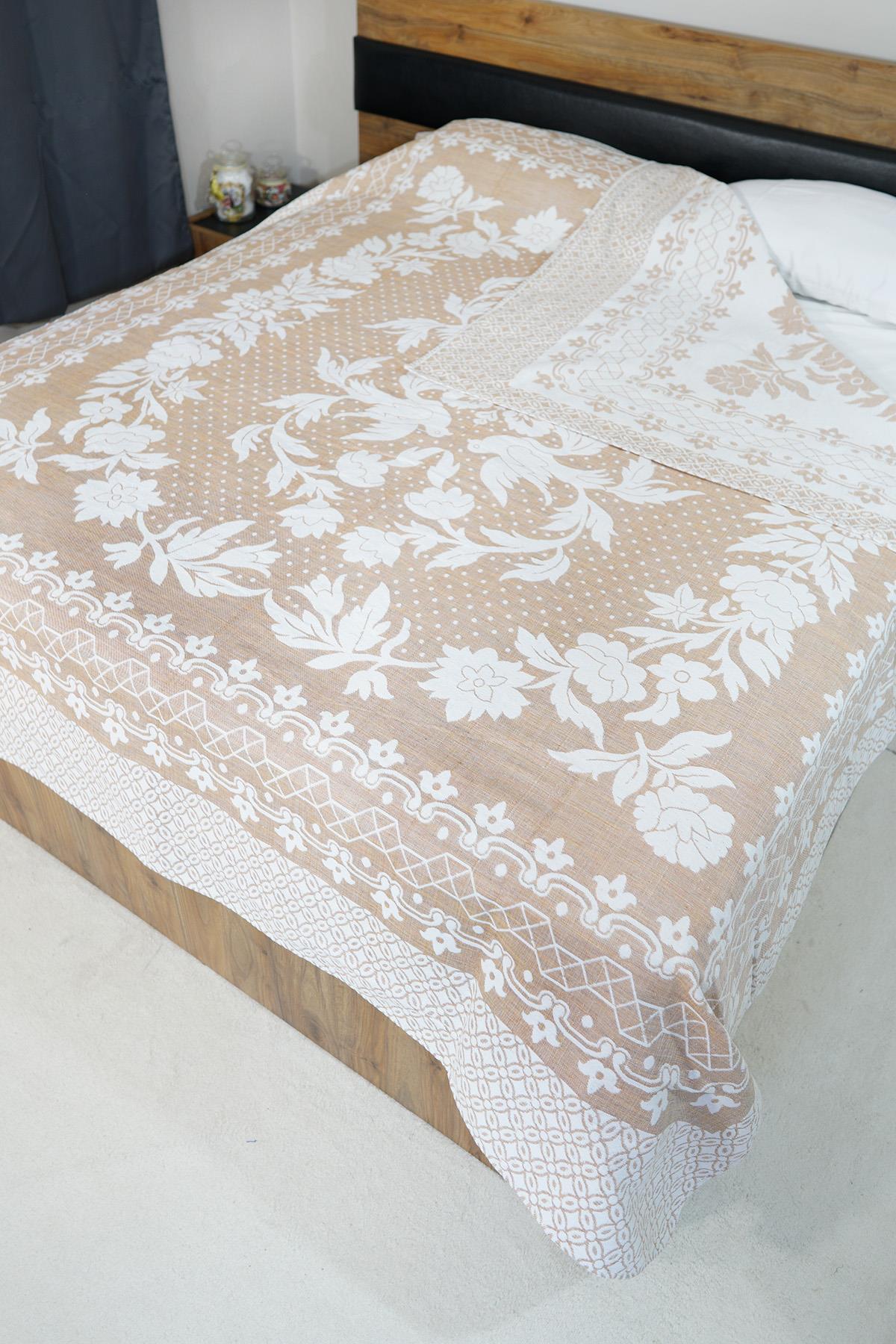 %100 Pamuk El Dokuması Kuş Desenli Pike 190 x 225 cm - Somon 