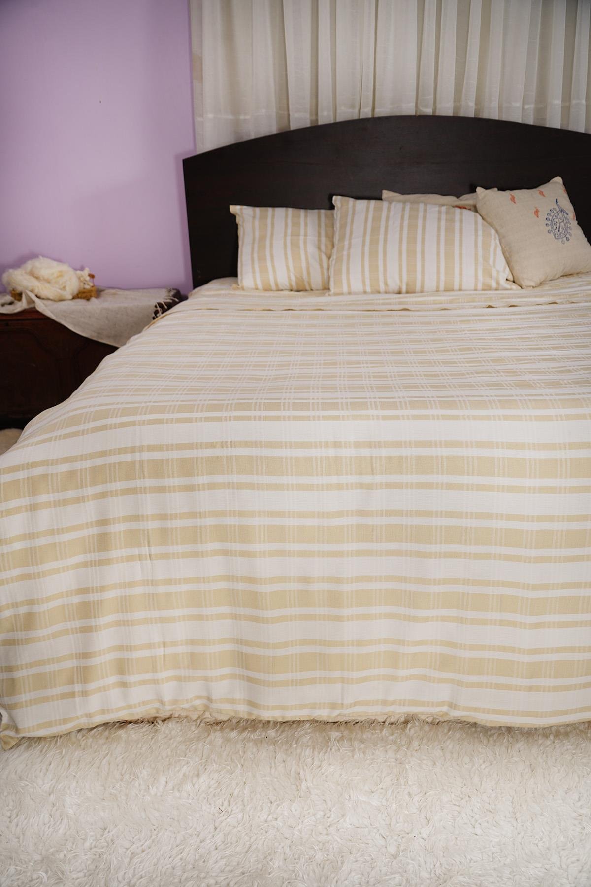 %100 Pamuk El Dokuması Nevresim Takımı Çift Kişilik 220 x 250 cm - Sarı Çizgili