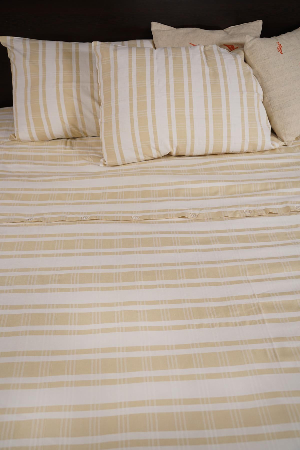 %100 Pamuk El Dokuması Nevresim Takımı Çift Kişilik 220 x 250 cm - Sarı Çizgili