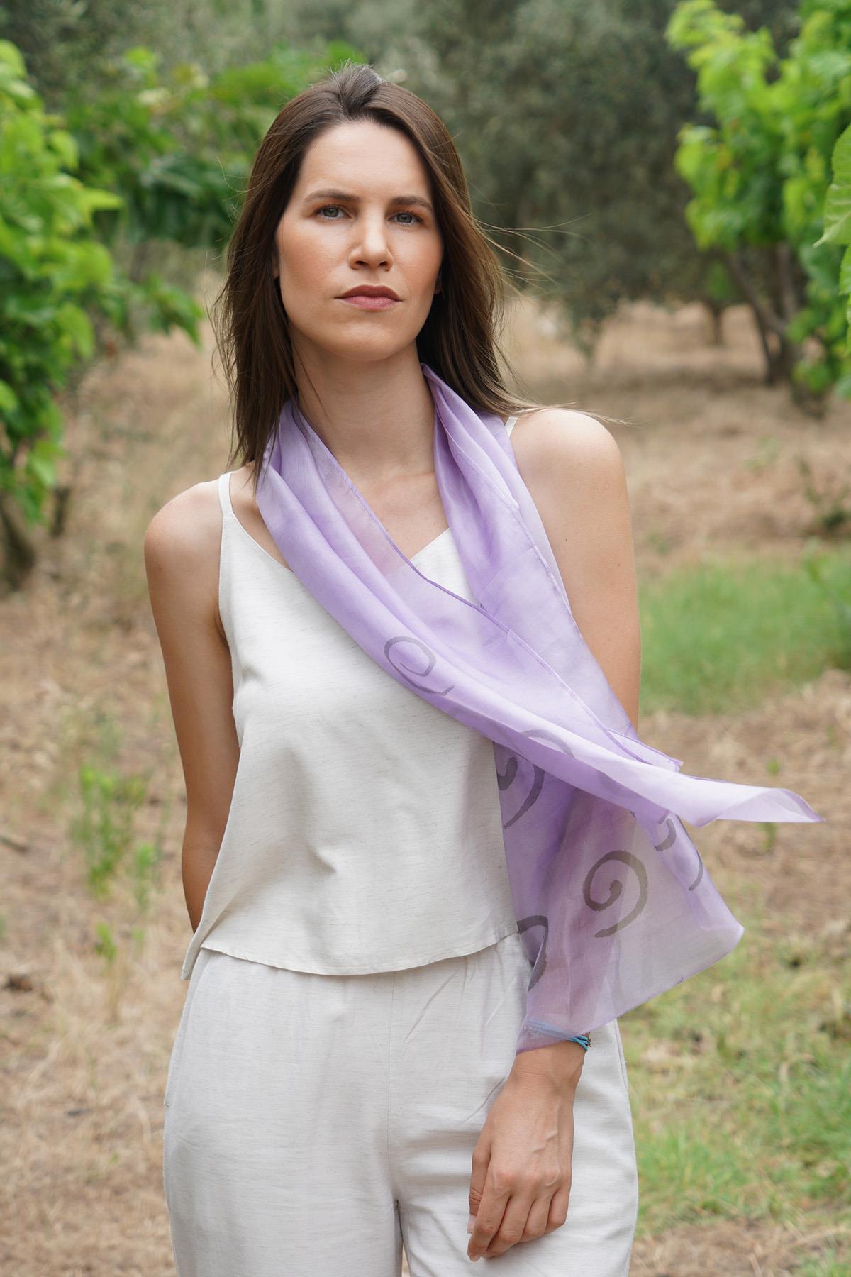%100 Saf İpek El Boyaması Fular- Özel Tasarım 35x140cm - Lila