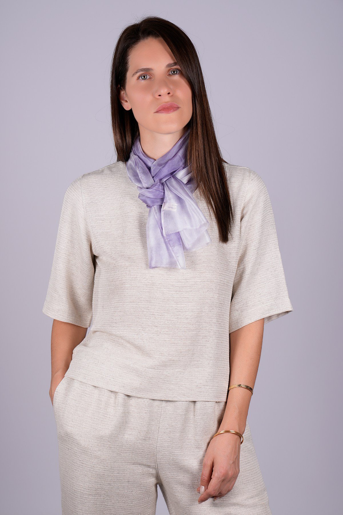 %100 Saf İpek El Boyaması Fular- Özel Tasarım 35x140cm - Lila - Beyaz
