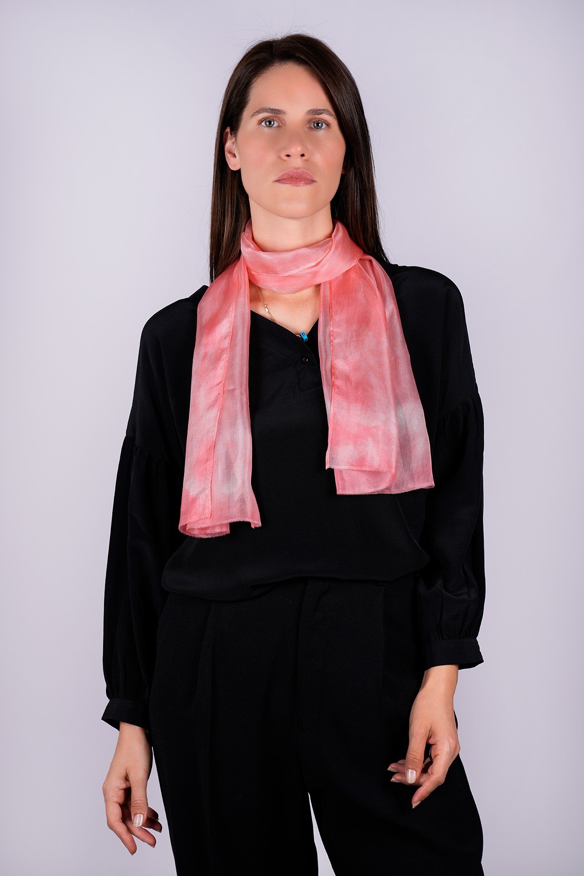 %100 Saf İpek El Boyaması Fular- Özel Tasarım 35x140cm - Pembe - Beyaz