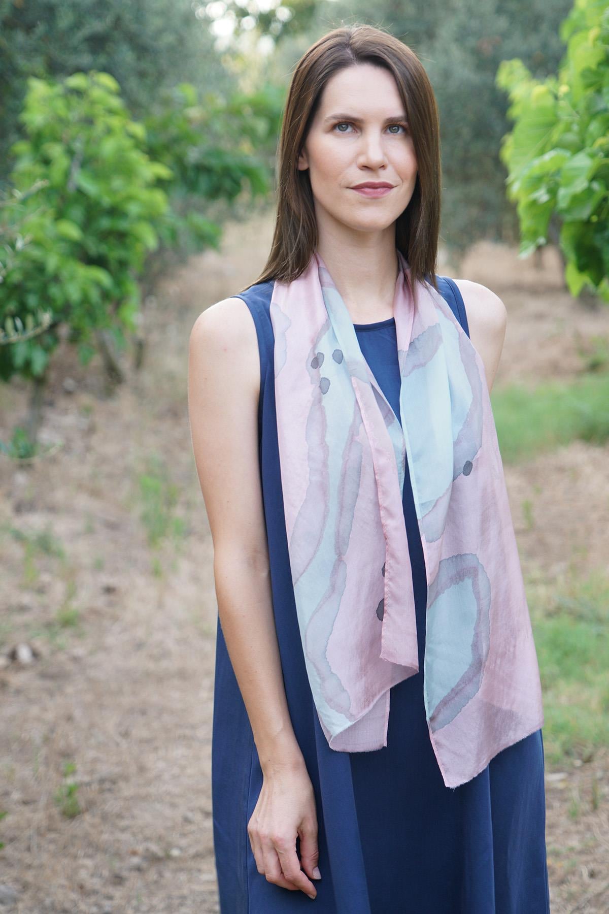 %100 Saf İpek El Boyaması Fular- Özel Tasarım 35x140cm - Pembe-Mavi Pati