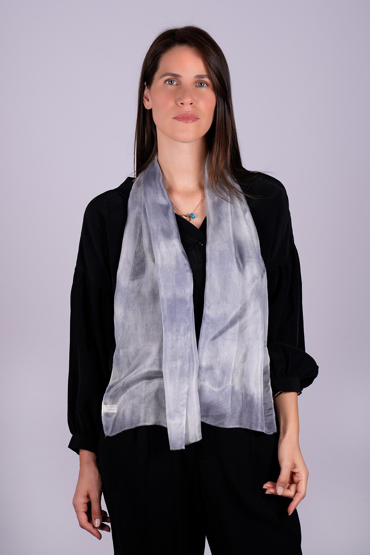 %100 Saf İpek El Boyaması Fular- Özel Tasarım 35x140cm - Gri - Beyaz