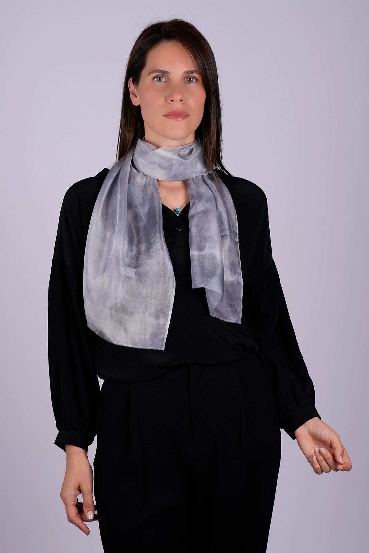 %100 Saf İpek El Boyaması Fular- Özel Tasarım 35x140cm - Gri - Beyaz