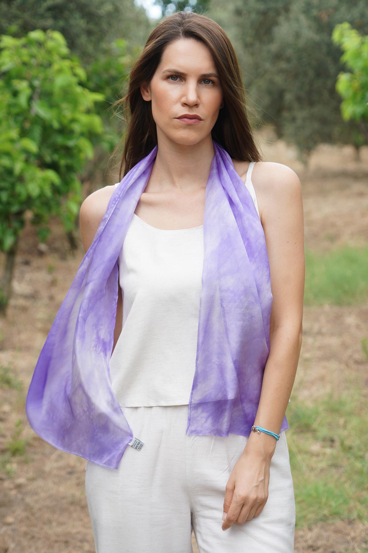 %100 Saf İpek El Boyaması Fular- Özel Tasarım 35x140cm - Mor