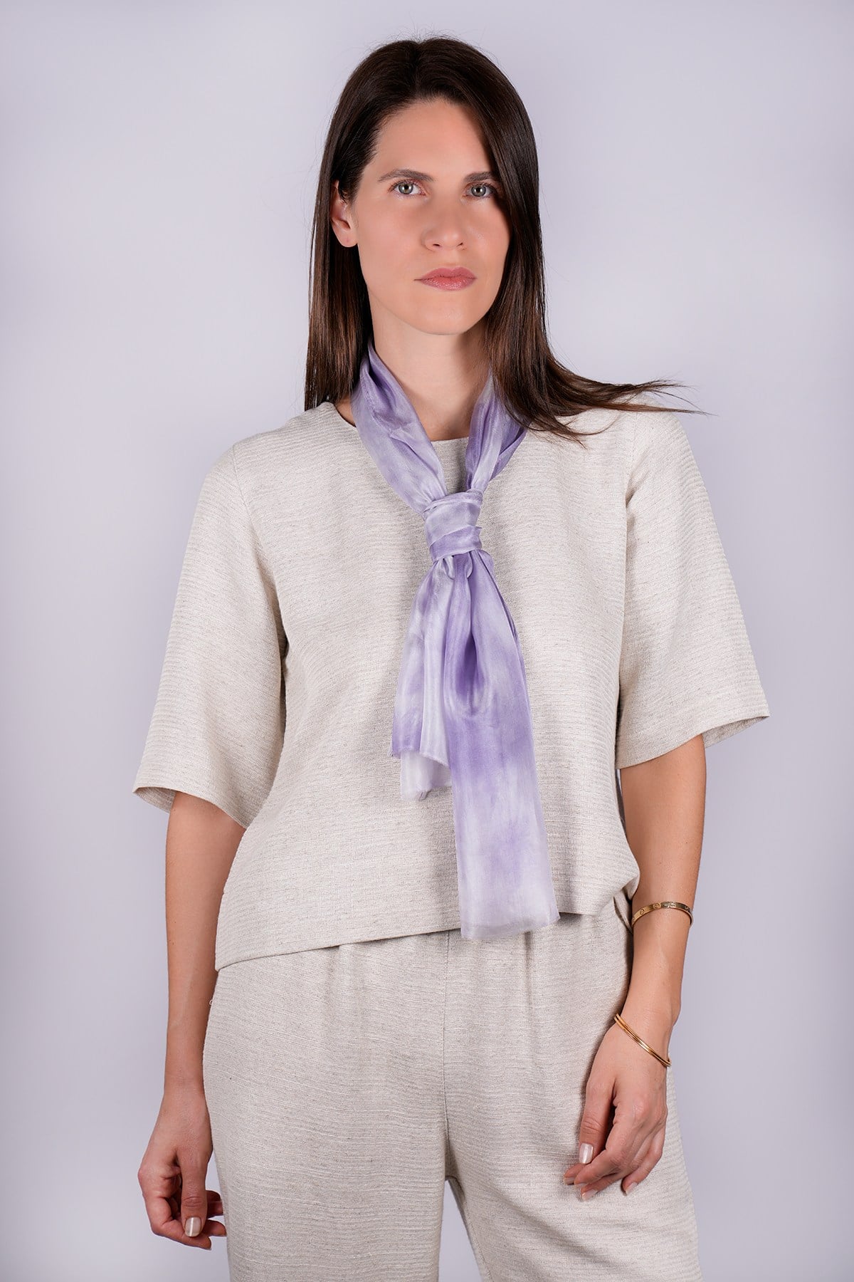 %100 Saf İpek El Boyaması Fular- Özel Tasarım 35x140cm - Lila - Beyaz