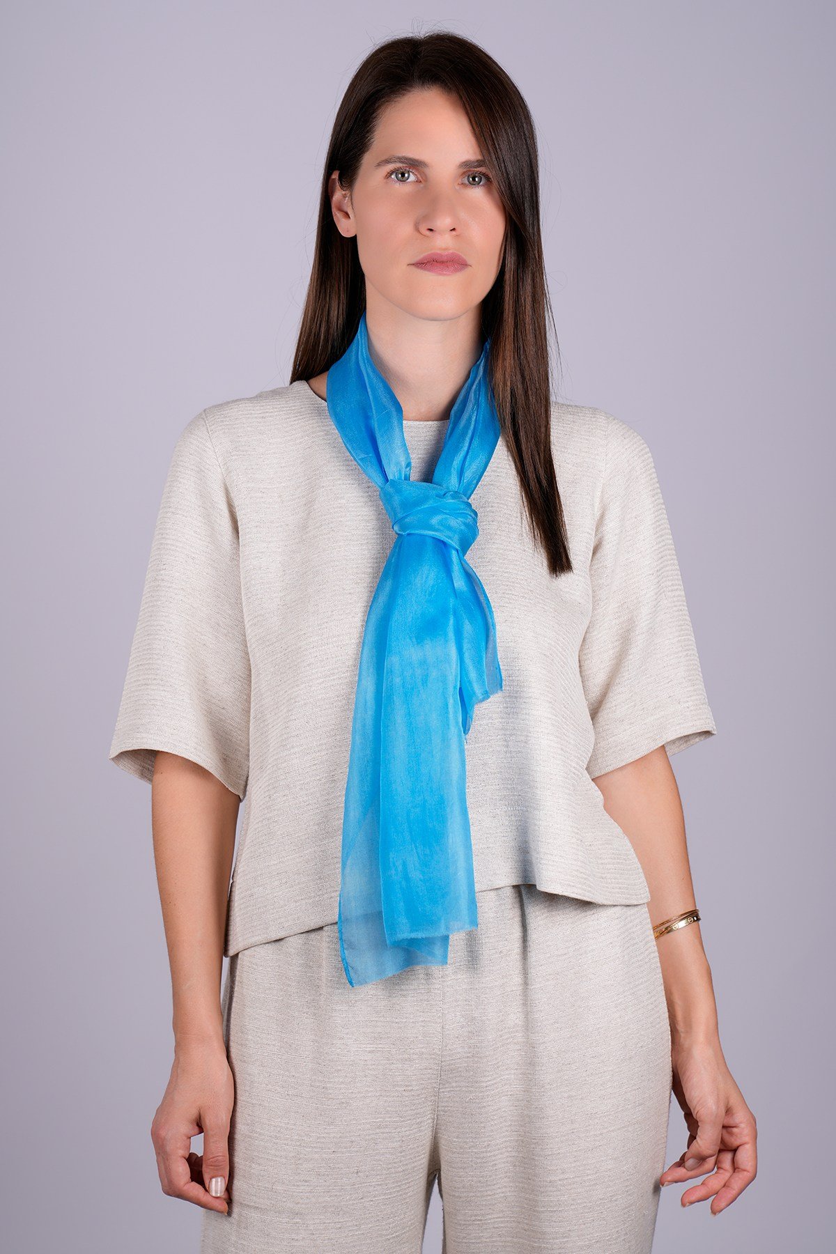 %100 Saf İpek El Boyaması Fular- Özel Tasarım 35x140cm - Canlı Mavi