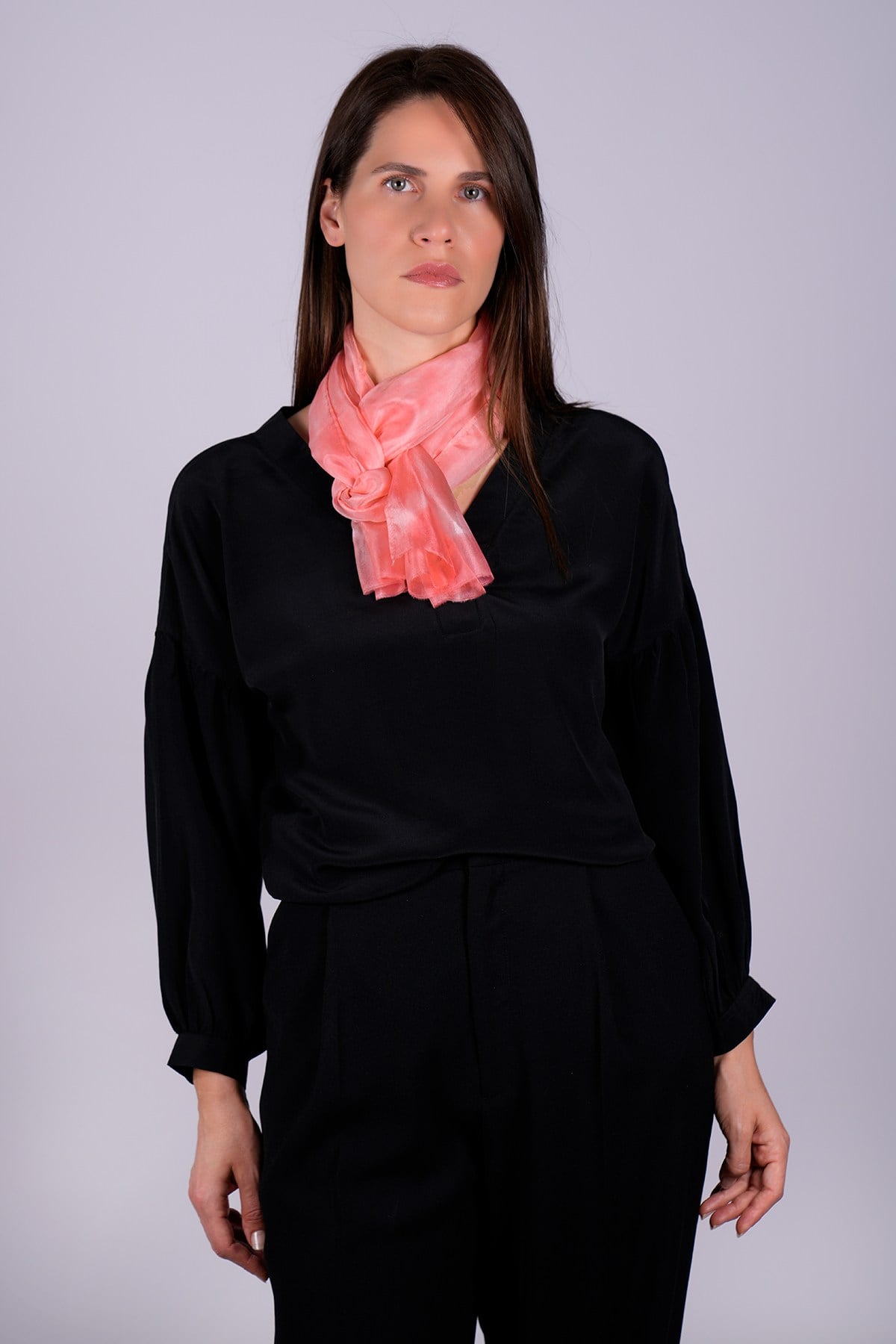 %100 Saf İpek El Boyaması Fular- Özel Tasarım 35x140cm - Pembe - Beyaz