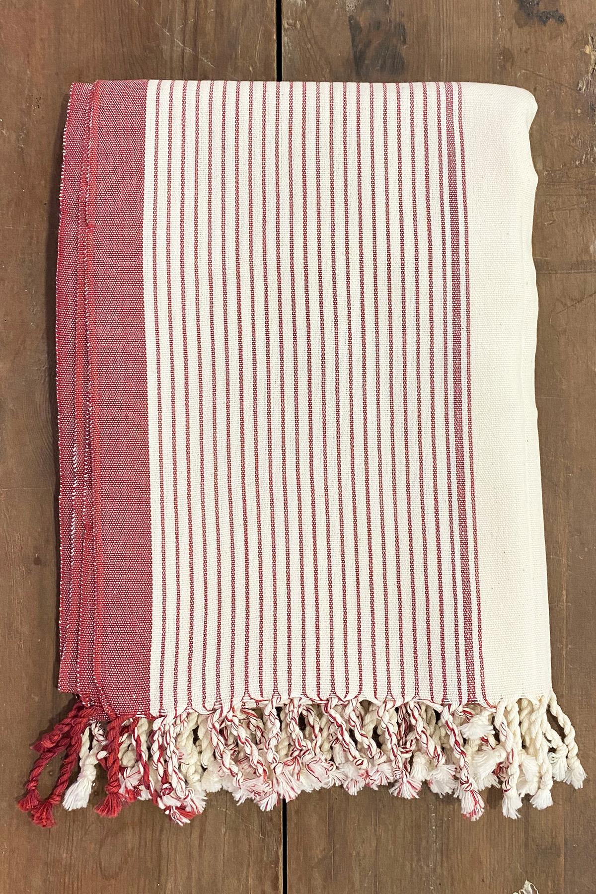 El Dokuması %100 Pamuk Peştemal 95 x 200 cm - Kırmızı Çizgili