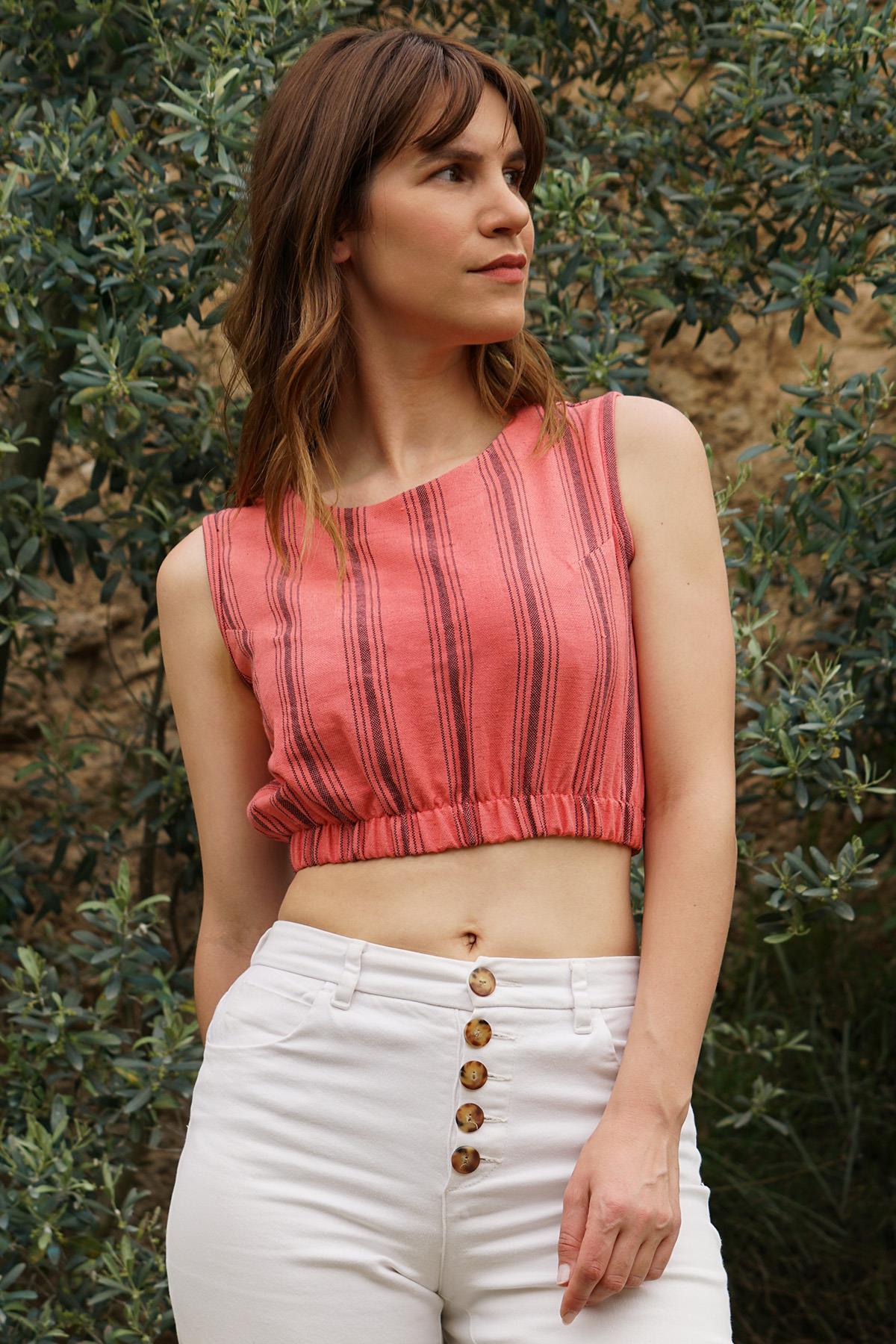 El Dokuması %70 Pamuk %30 Keten Rahat Kalıp Crop Bluz - Nar Çiçeği