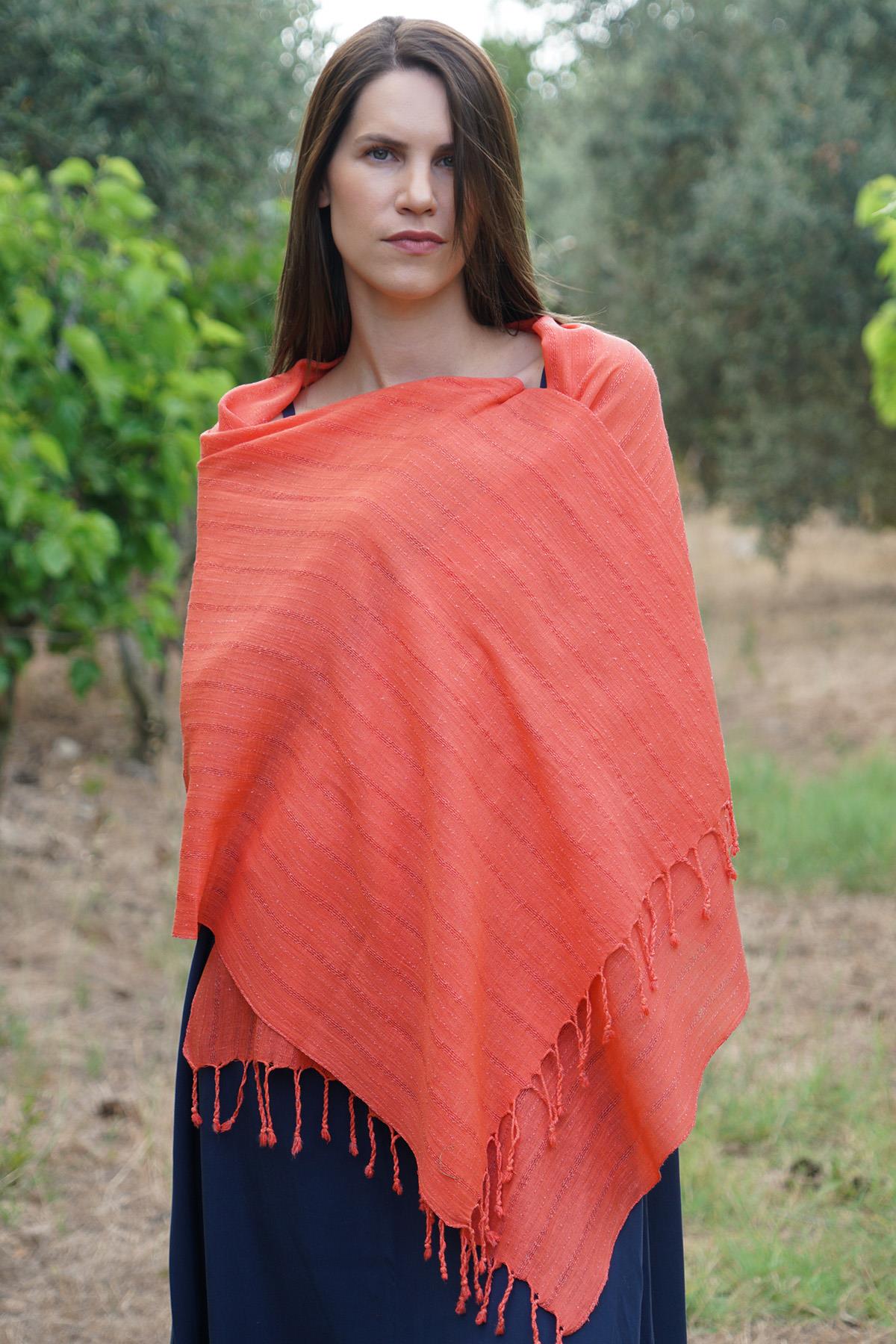 El Dokuması Barış İpekli Bürümcük Şal 60 x 190 cm - Nar Çiçeği 