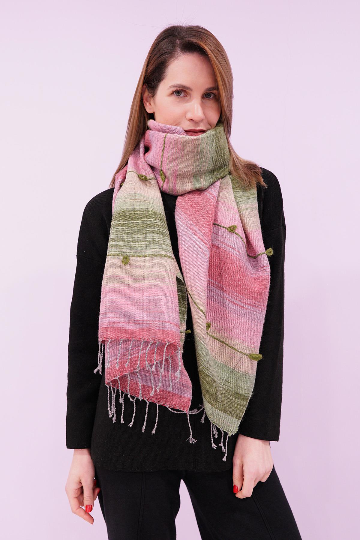 El Dokuması Yünlü Şal 65 x 205 cm - Pembe-Yeşil