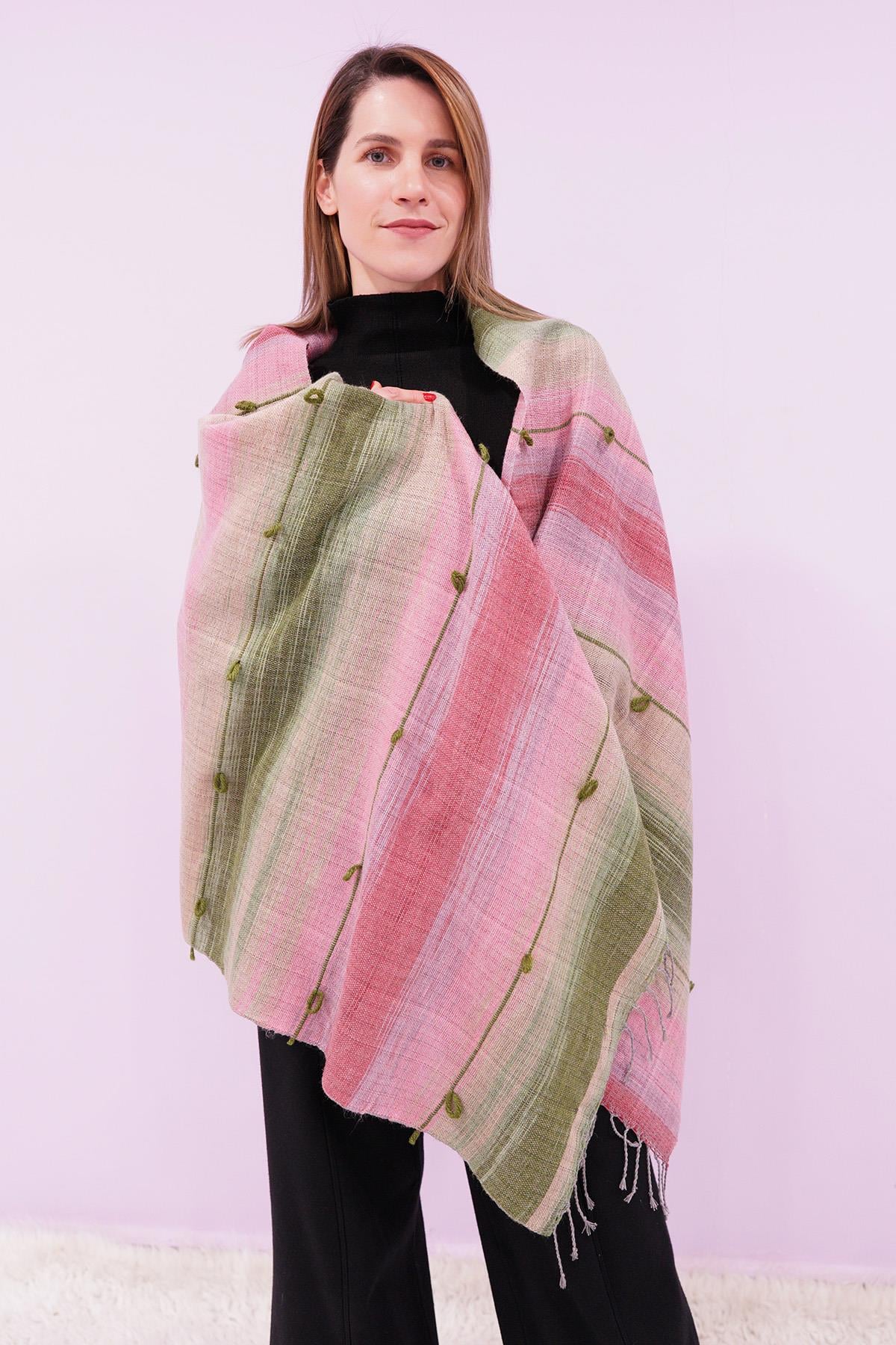 El Dokuması Yünlü Şal 65 x 205 cm - Pembe-Yeşil