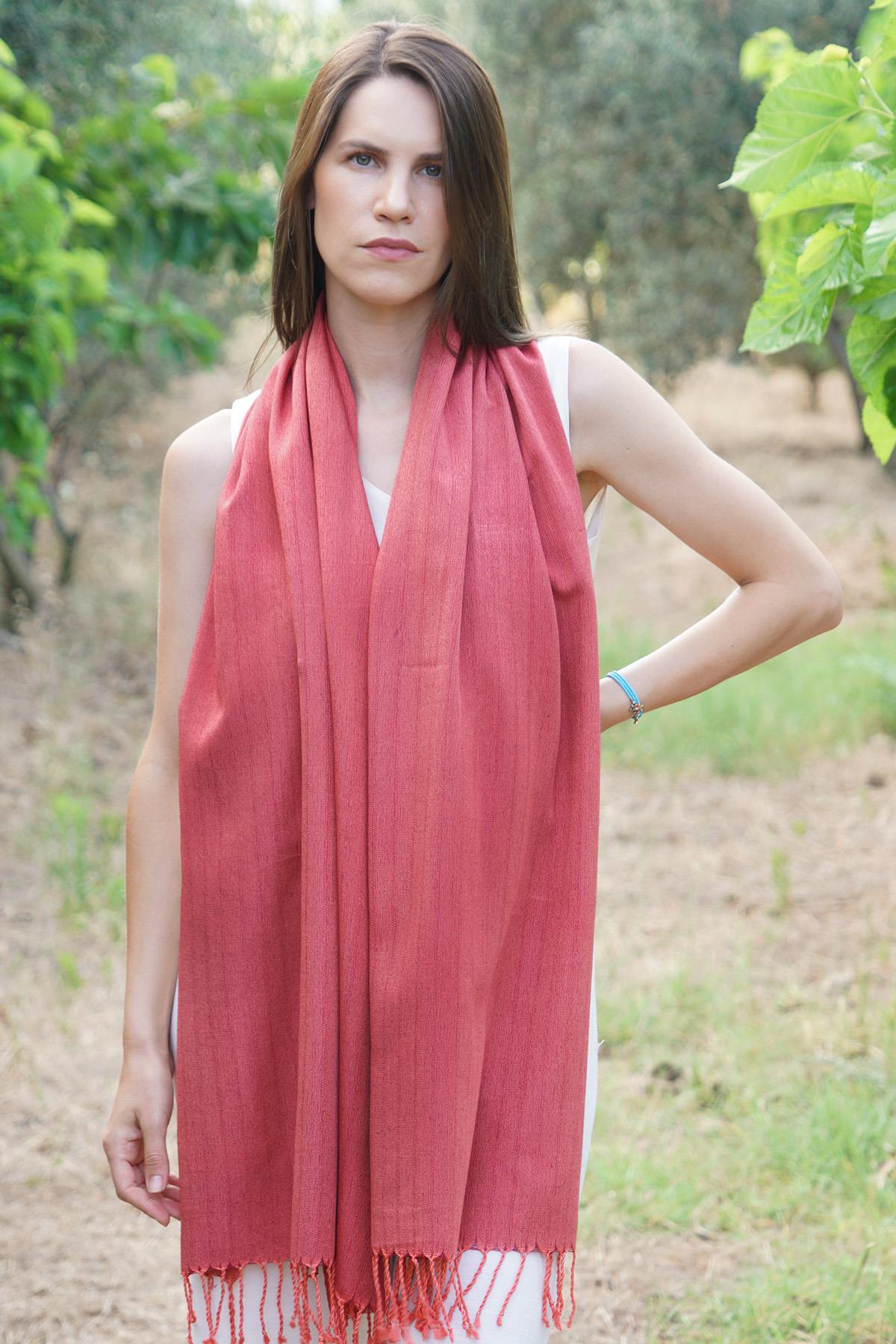 El Sağımı %100 İpek El Dokuması Şal 65 x 190 cm - Bordo 