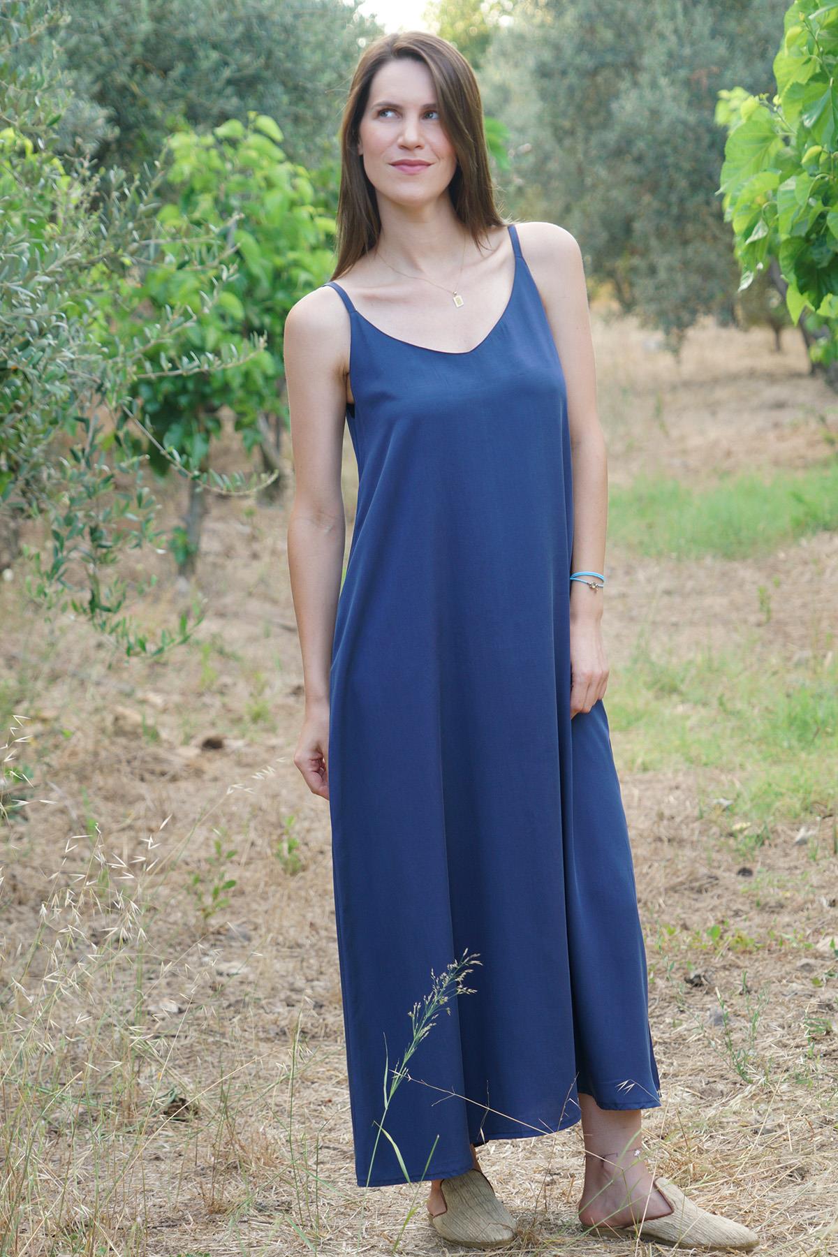 Luna %100 Tencel Askılı Maxi Elbise – Lacivert 