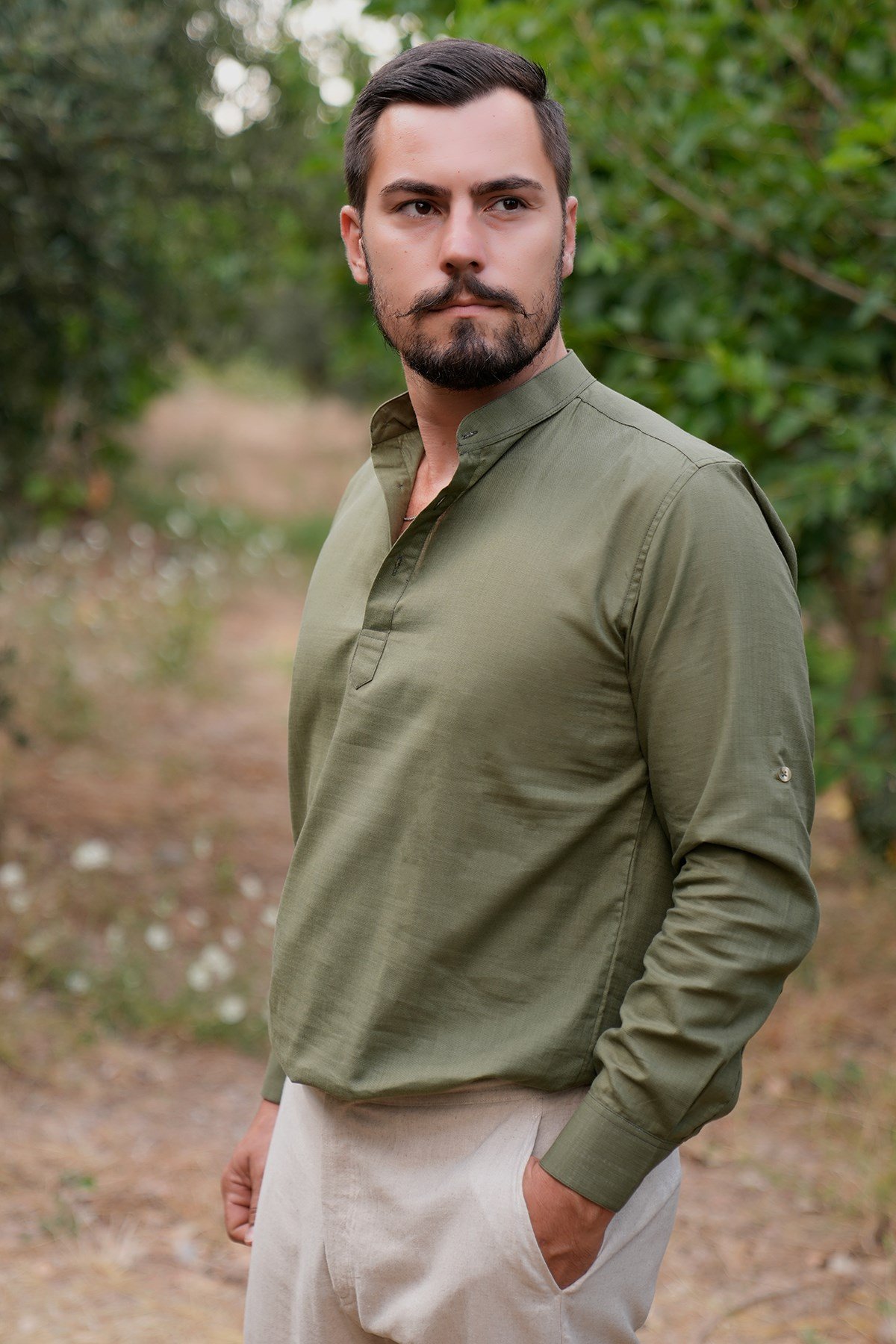 Pamuk Keten Hakim Yaka Gömlek - Yeşil