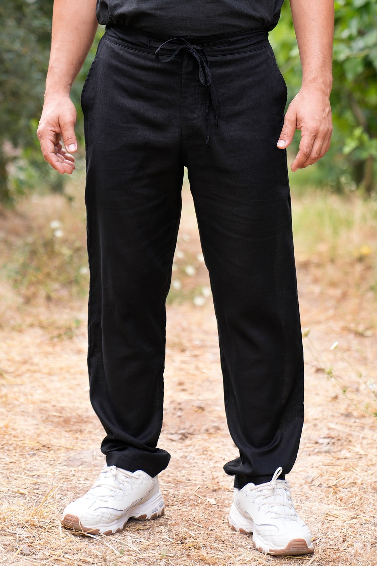 Pamuk Keten Relaxed Fit Pantolon - Siyah