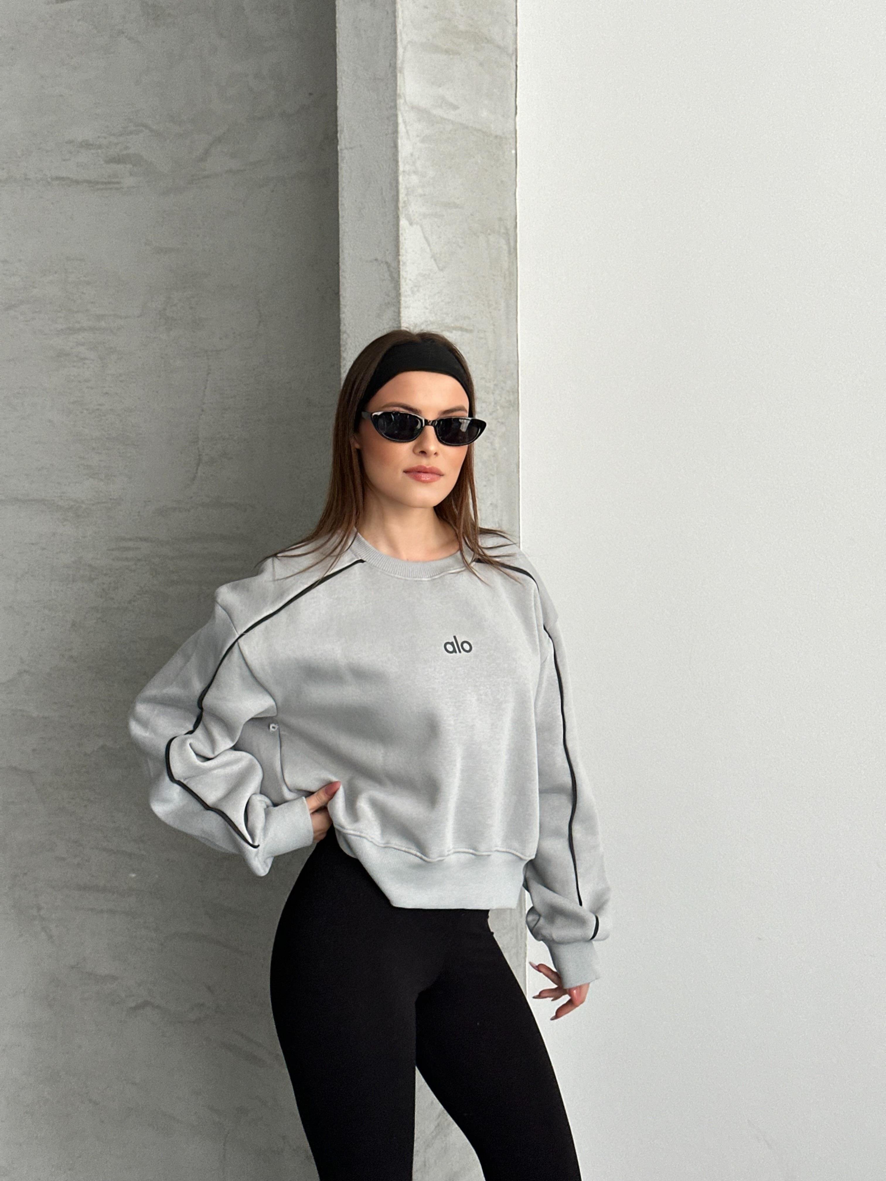 Active Şerit Detaylı Oversize Gri Sweatshirt