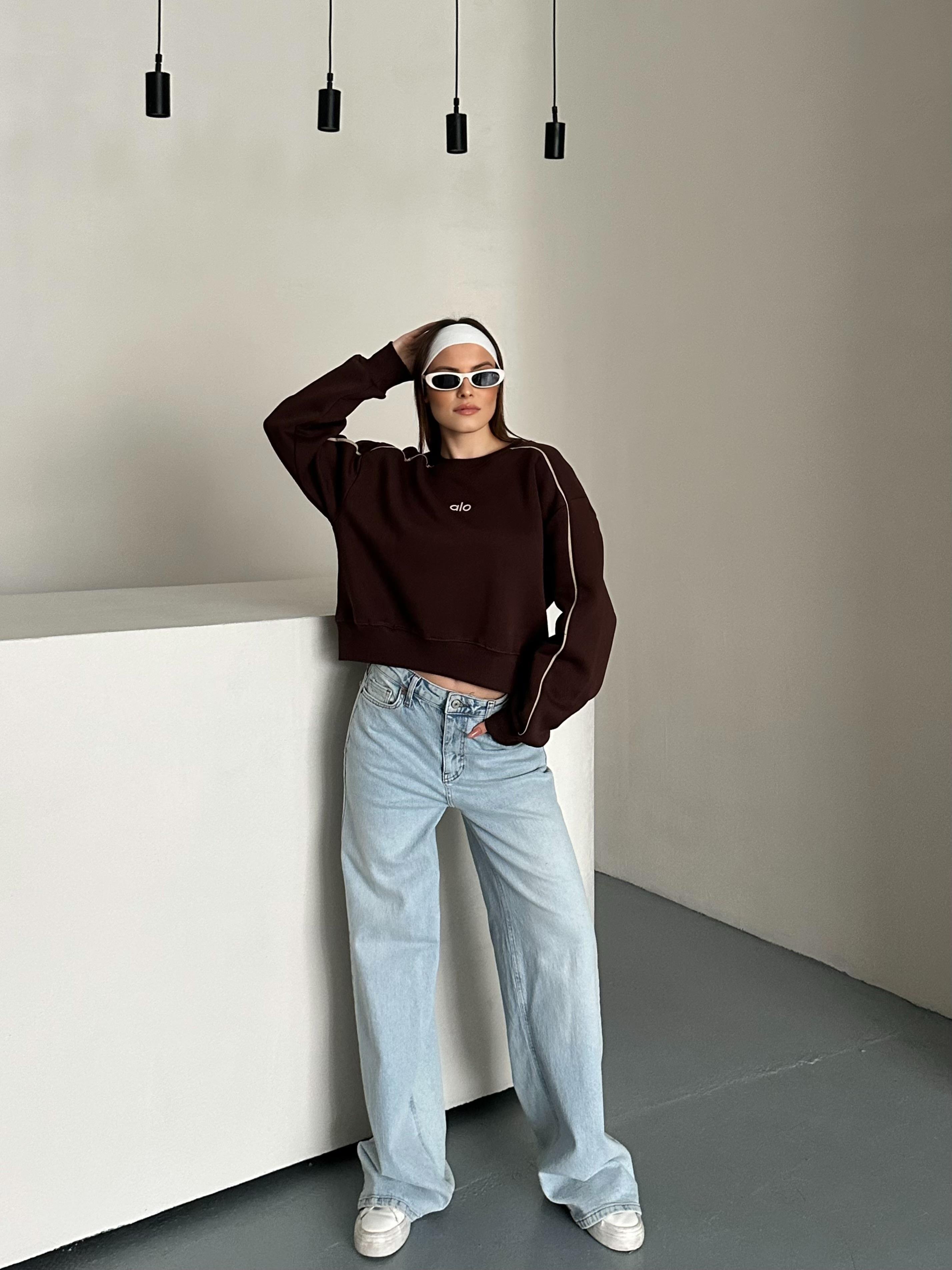 Active Şerit Detaylı Oversize Kahverengi Sweatshirt