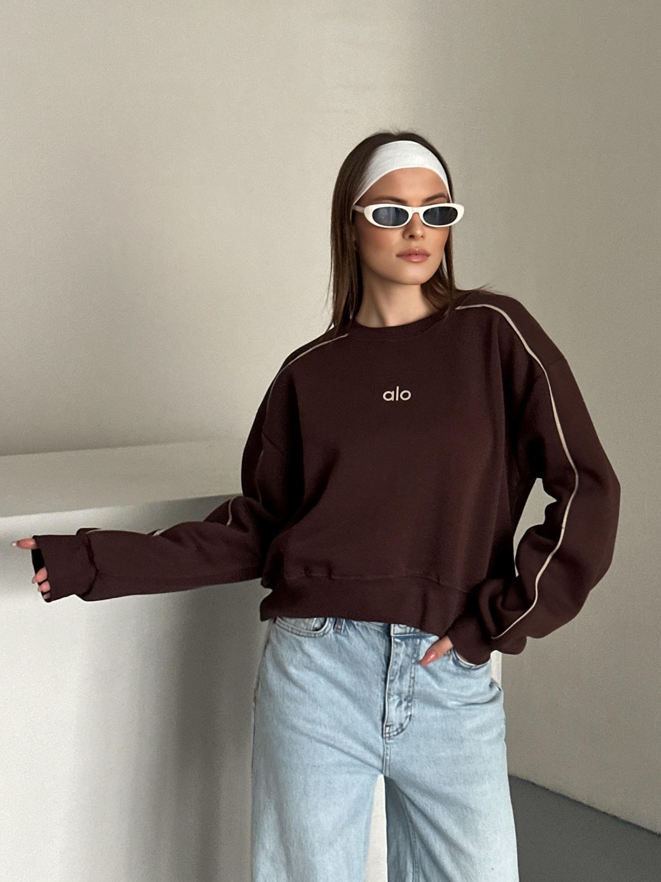 Active Şerit Detaylı Oversize Kahverengi Sweatshirt