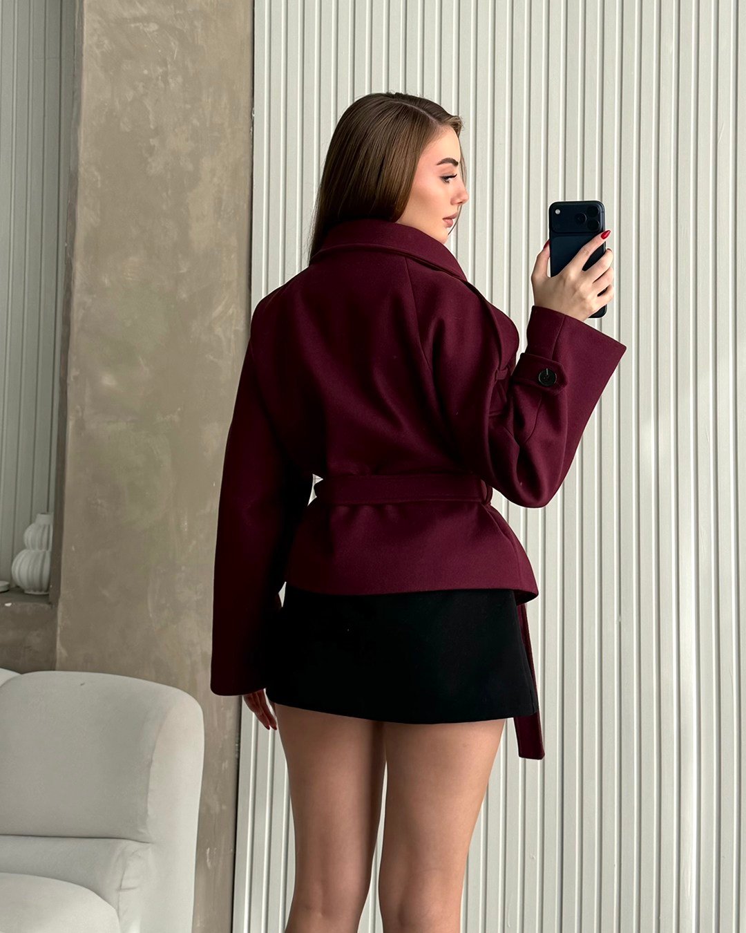 Apoletli Dik Yaka Mini Boy Bordo Kaban
