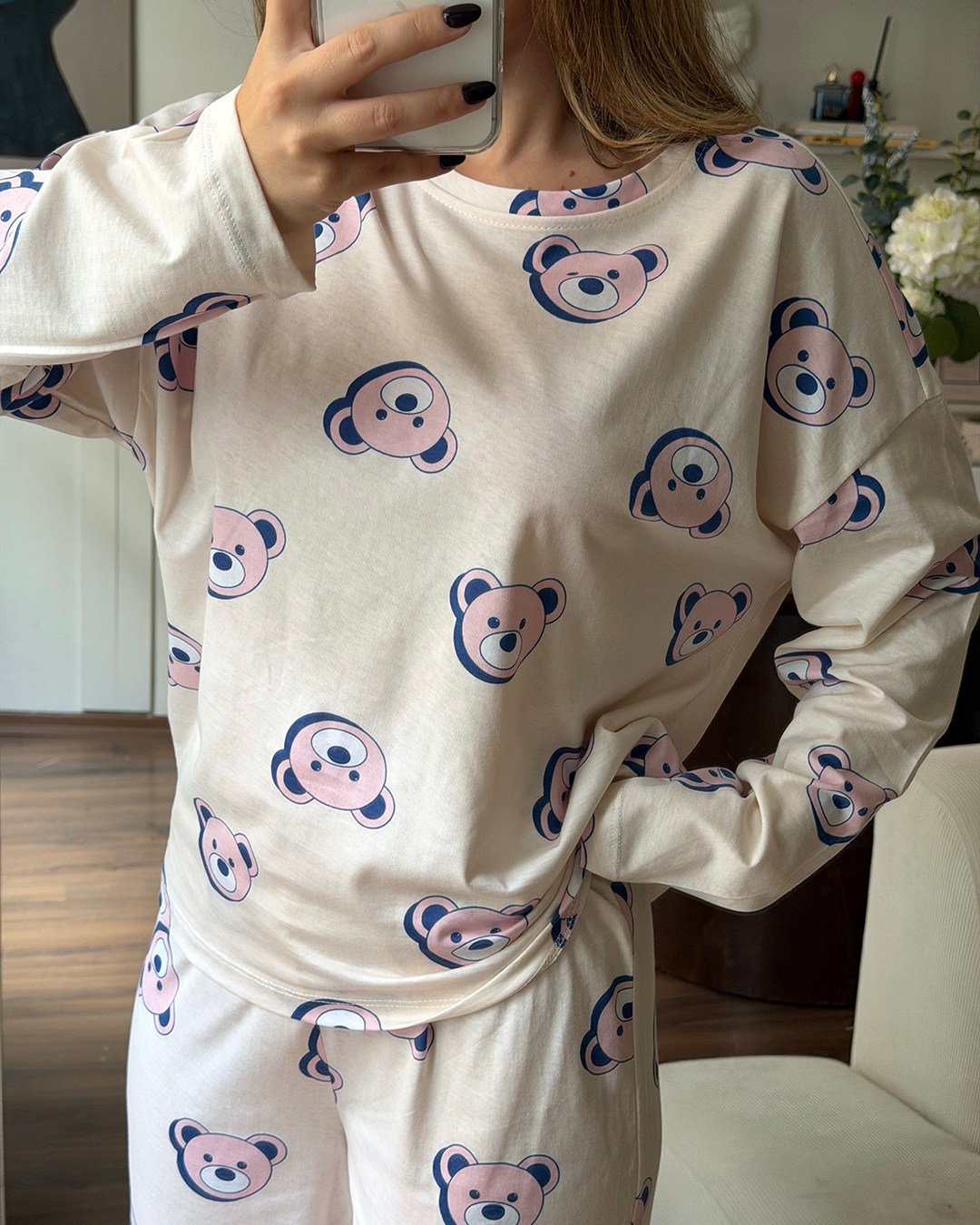 Ayıcık Desenli Uzun Kollu Pijama Takımı