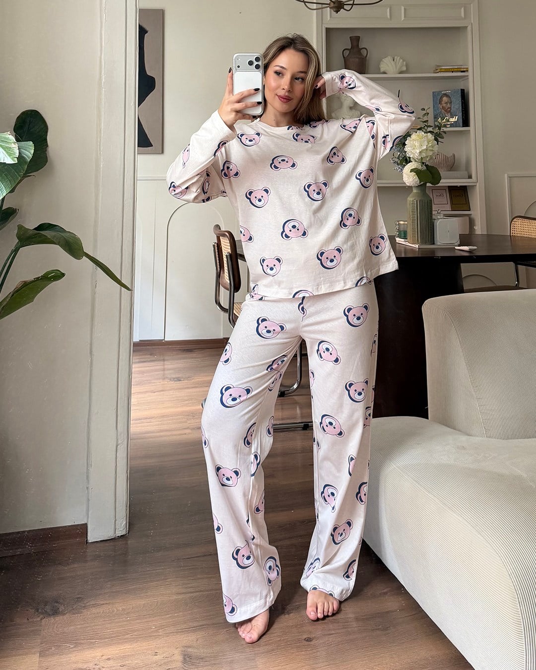Ayıcık Desenli Uzun Kollu Pijama Takımı