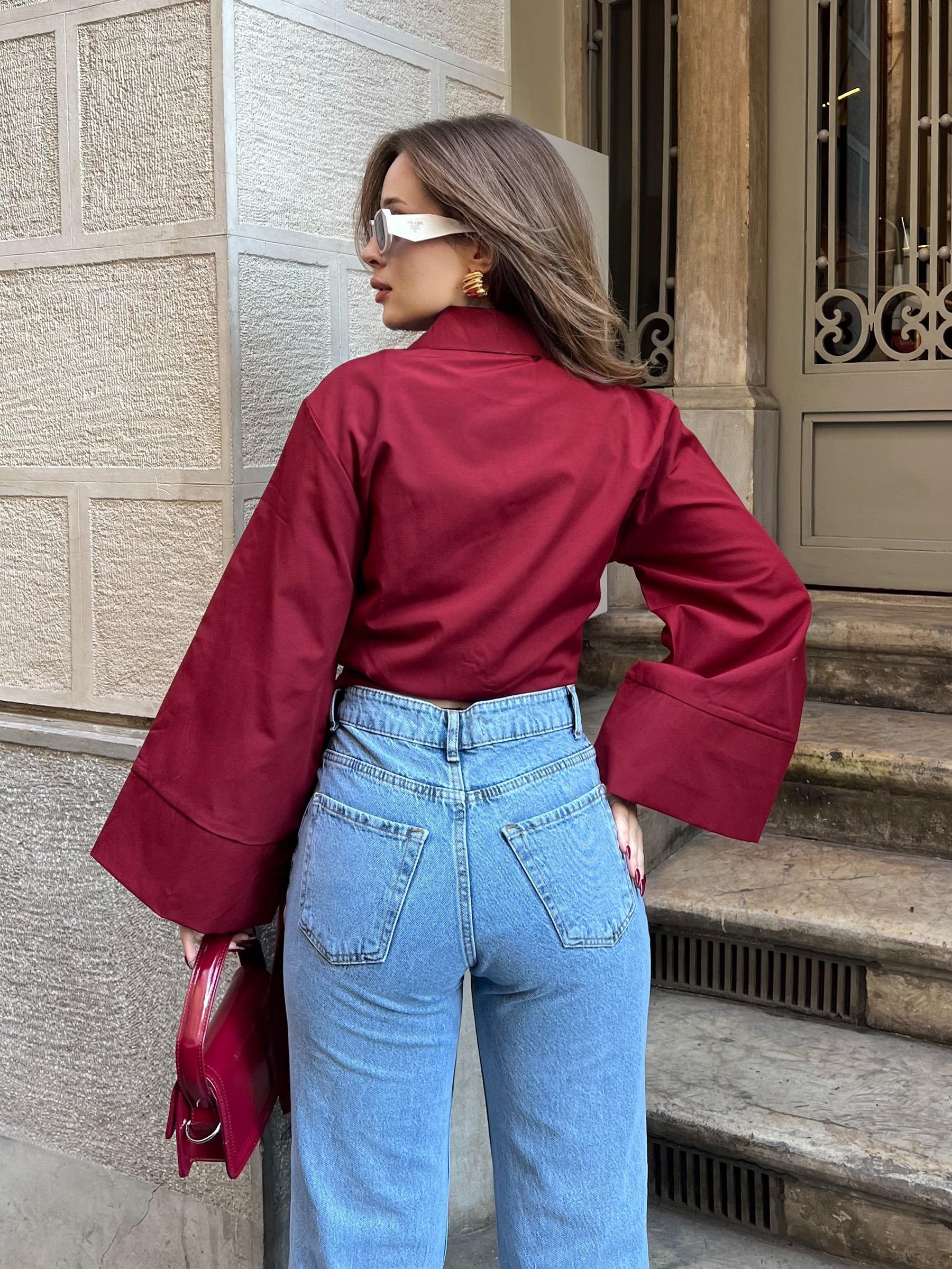 Bağlama Detaylı Bordo Gömlek