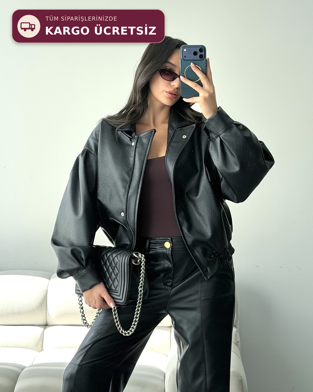 Balon Kol Oversize Siyah Deri Bomber Ceket