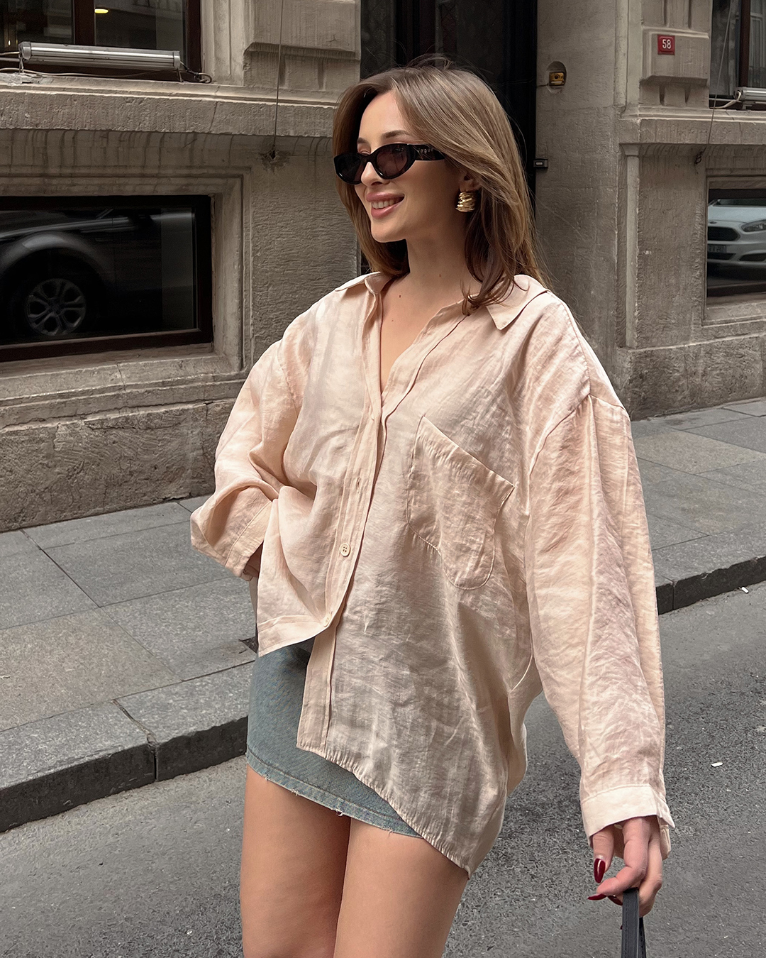 Bambu Oversize Krem Gömlek