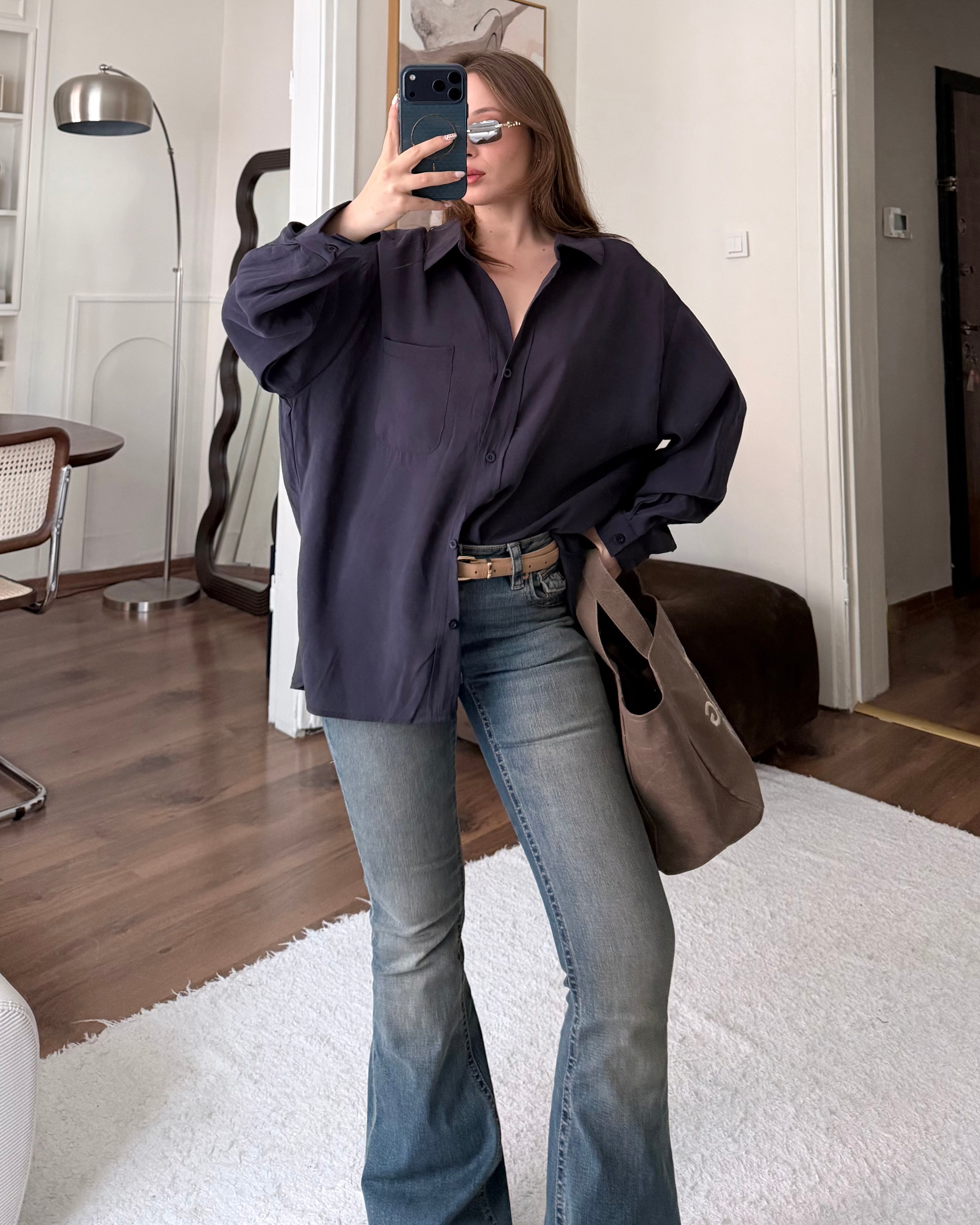 Bambu Oversize Lacivert Gömlek