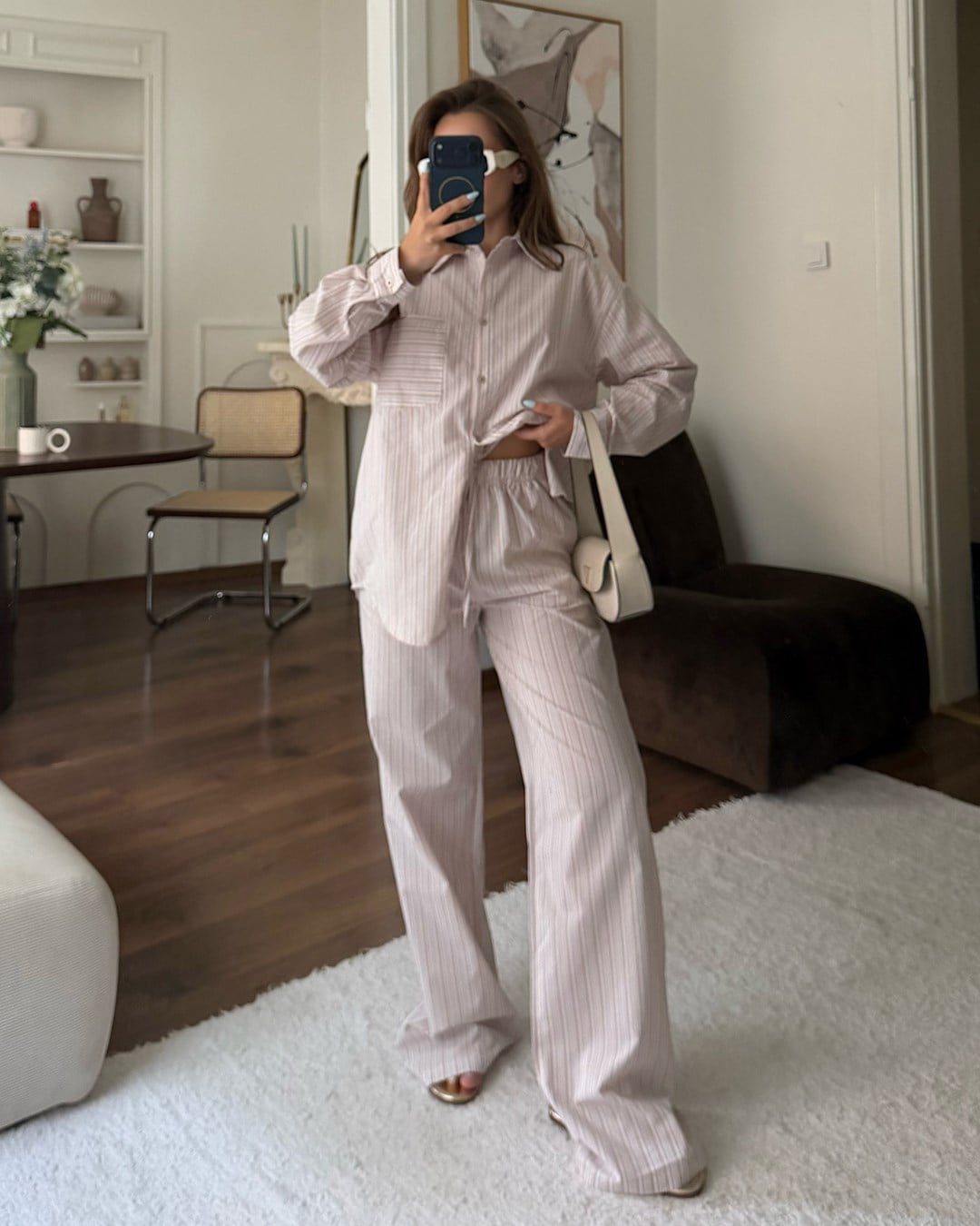 Bej Çizgili Oversize Gömlek Pantolon Takım