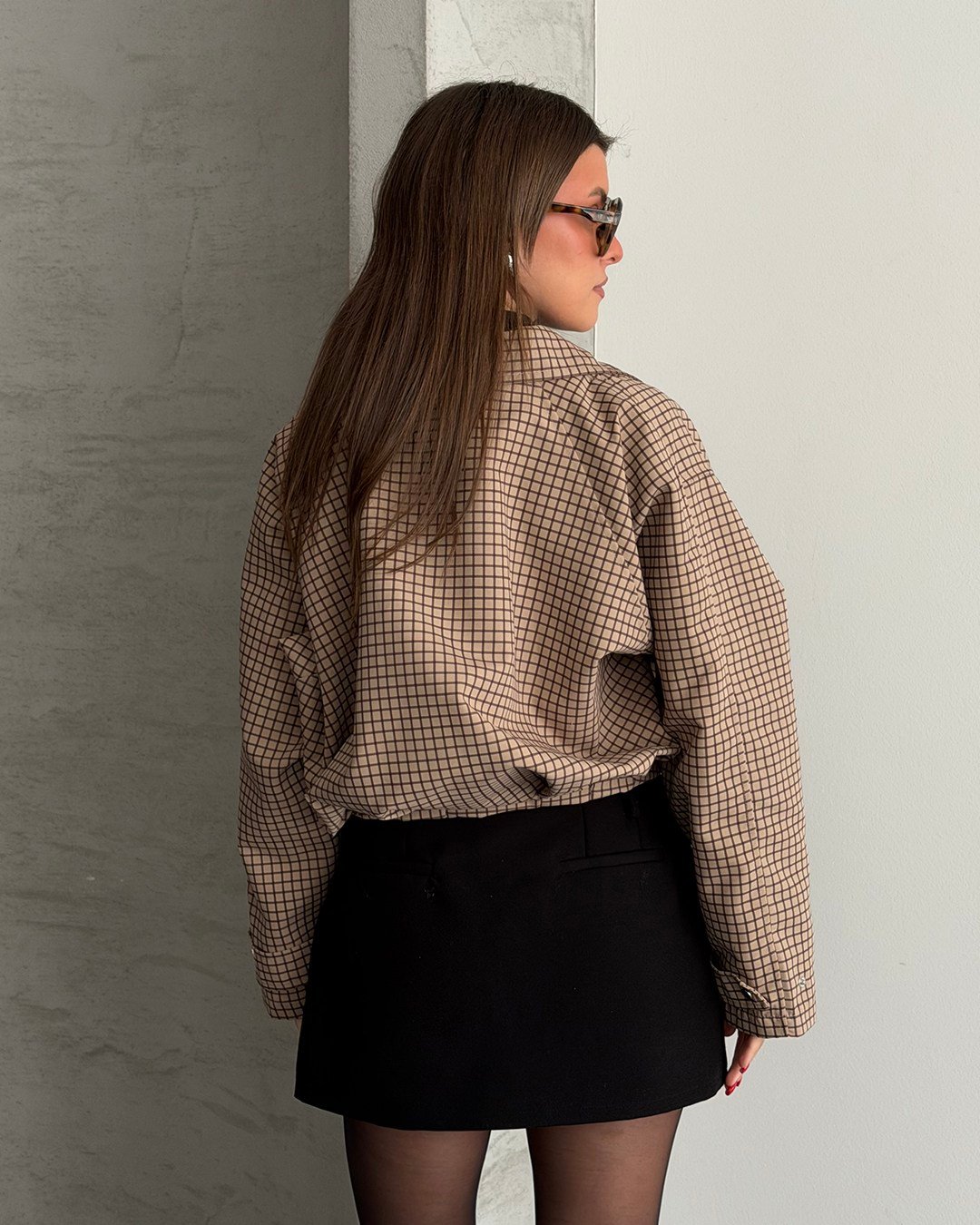 Bej Grid Desenli Fermuarlı Crop Ceket