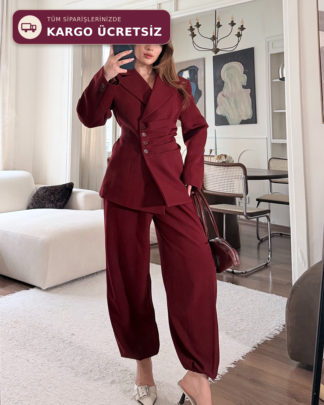 Bel Bağlamalı Bordo Blazer Pantolon Takım