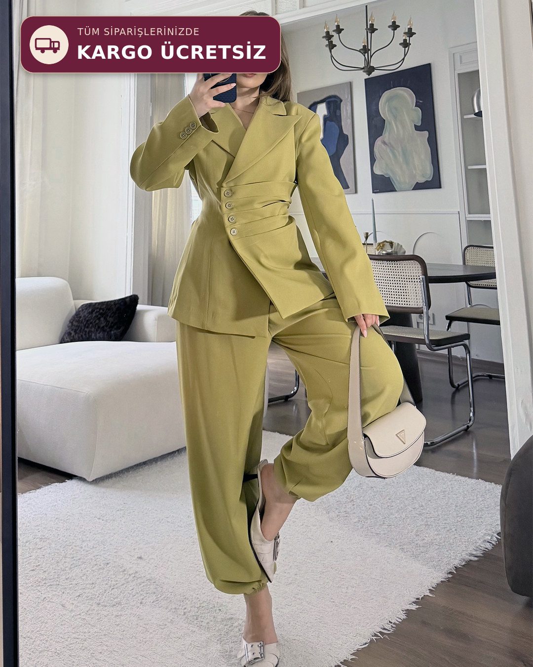 Bel Bağlamalı Haki Blazer Pantolon Takım