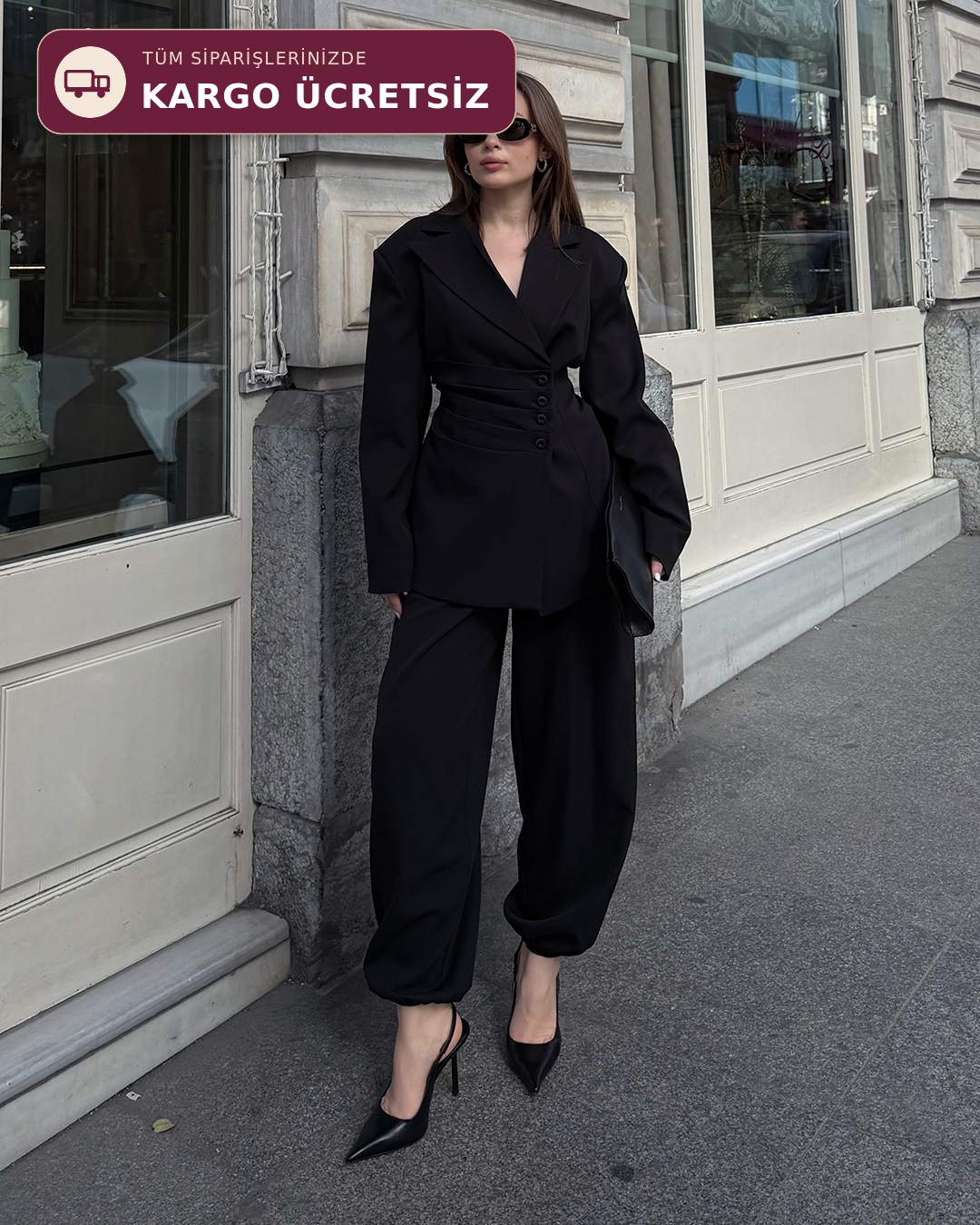 Bel Bağlamalı Siyah Blazer Pantolon Takım