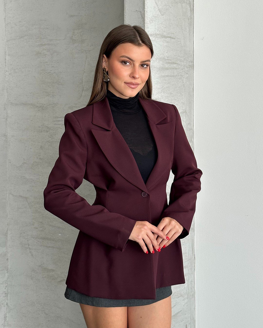Belden Oturtmalı Dokuma Bordo Blazer Ceket