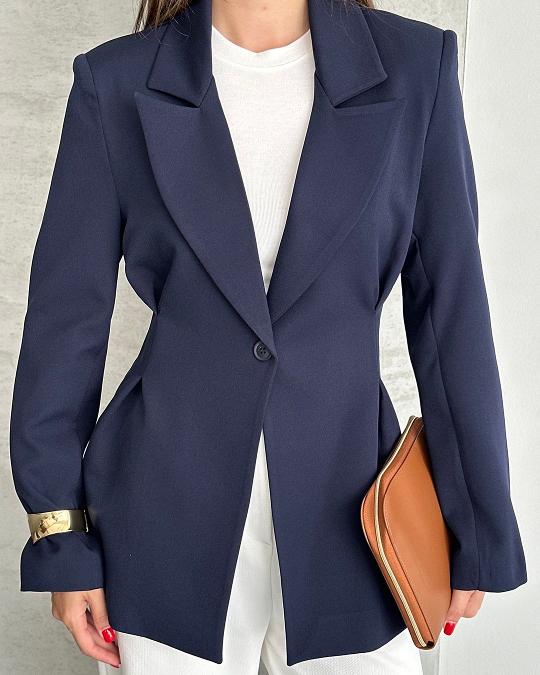 Belden Oturtmalı Dokuma Lacivert Blazer Ceket