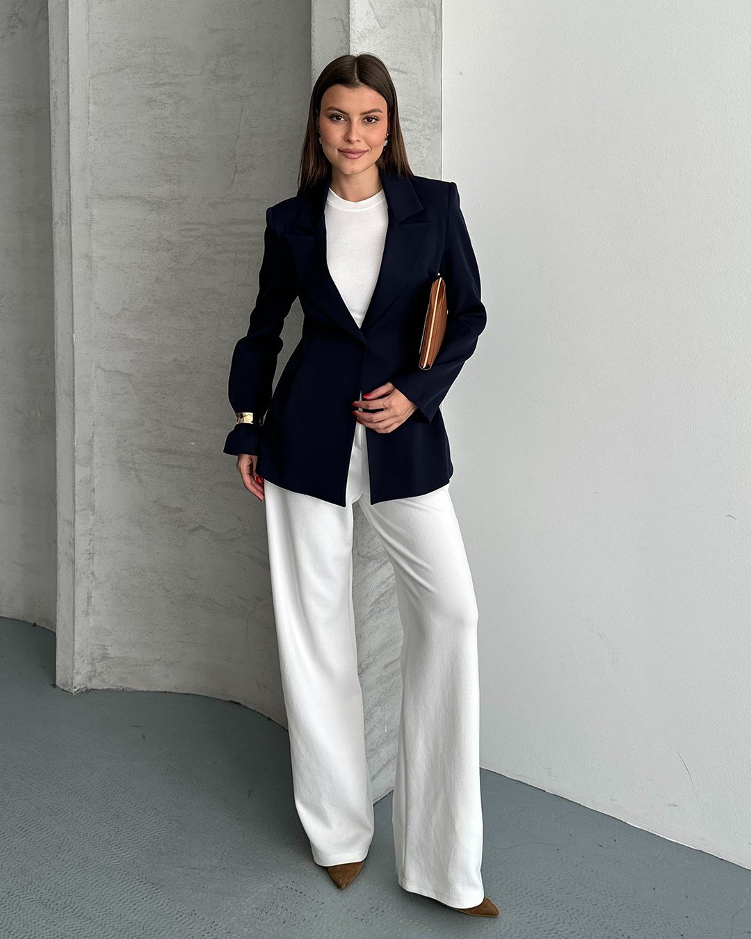 Belden Oturtmalı Dokuma Lacivert Blazer Ceket