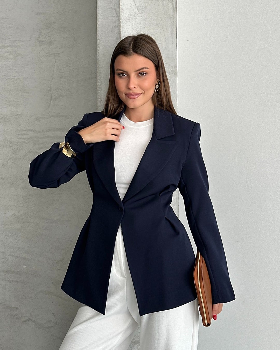 Belden Oturtmalı Dokuma Lacivert Blazer Ceket