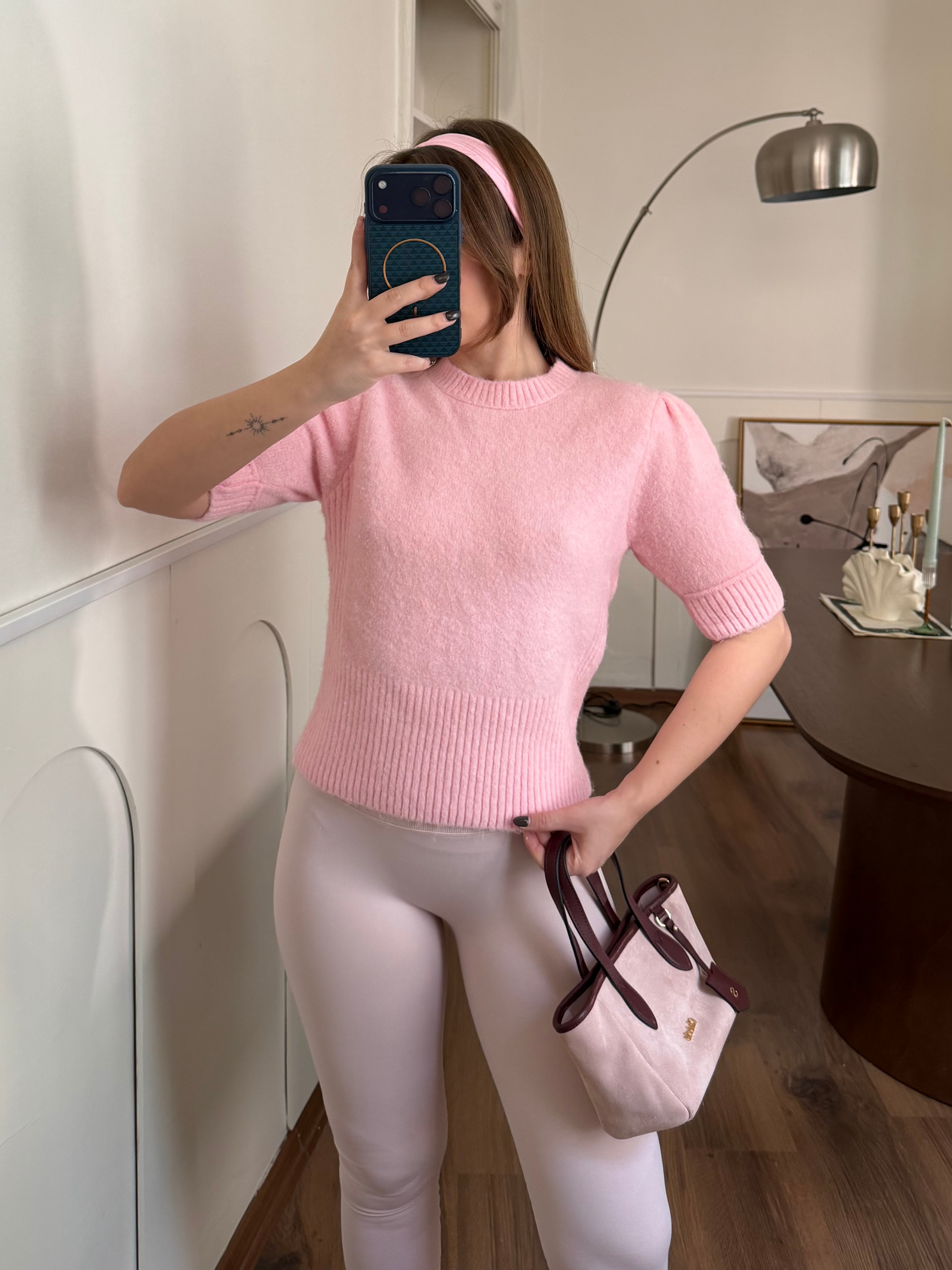 Beli Lastikli Yarım Kol Pembe Yumoş Kazak