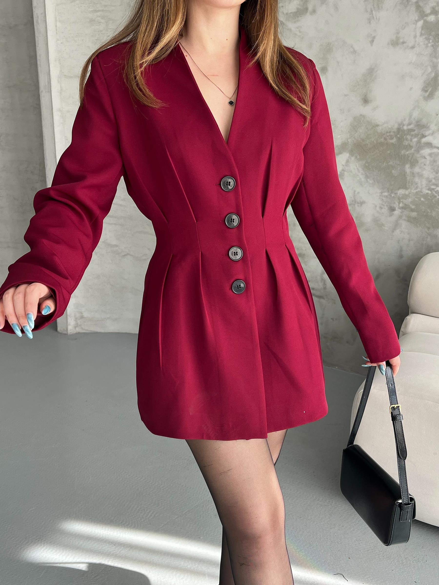 Beli Pileli Bordo Blazer Ceket Elbise