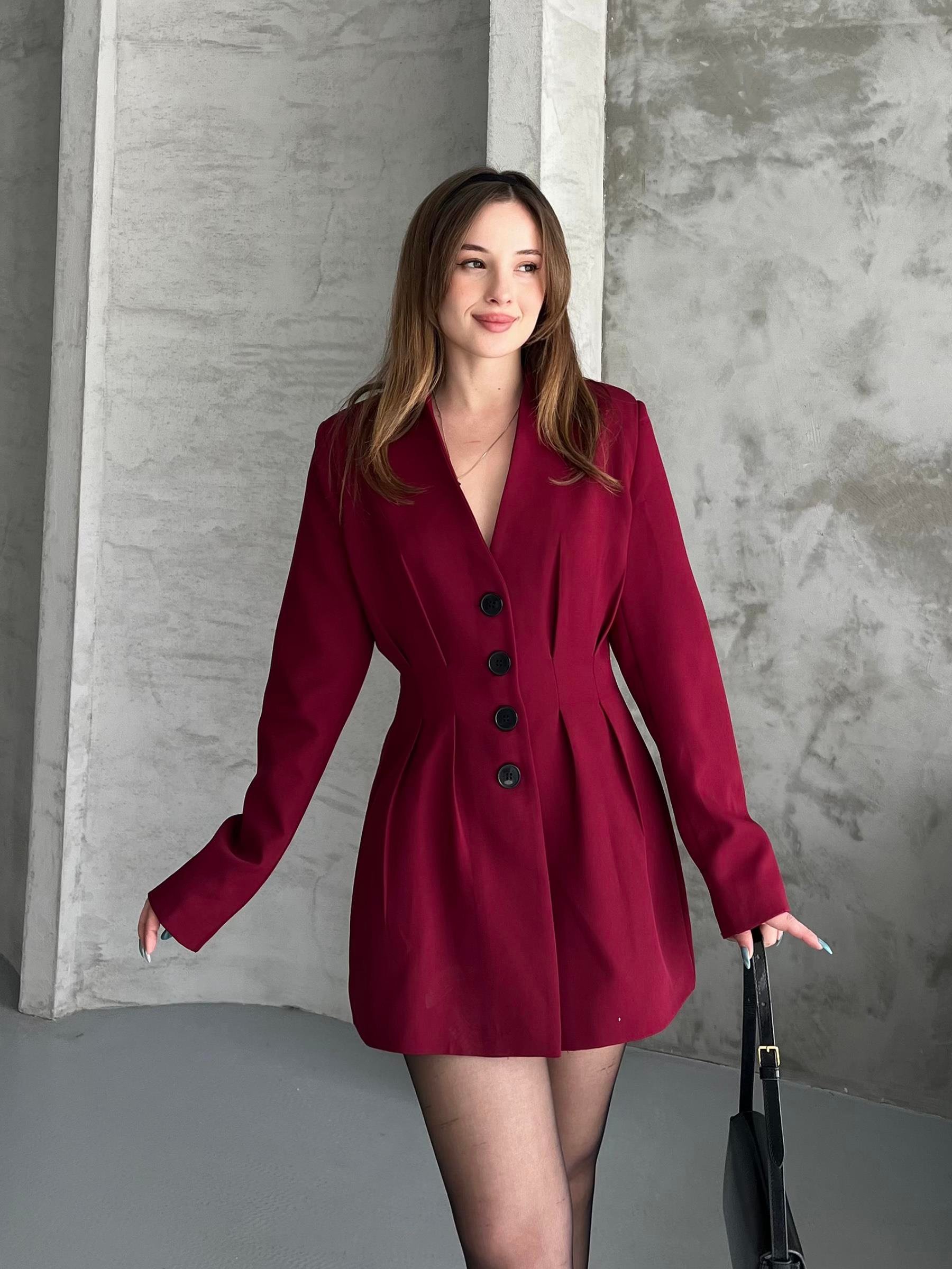 Beli Pileli Bordo Blazer Ceket Elbise