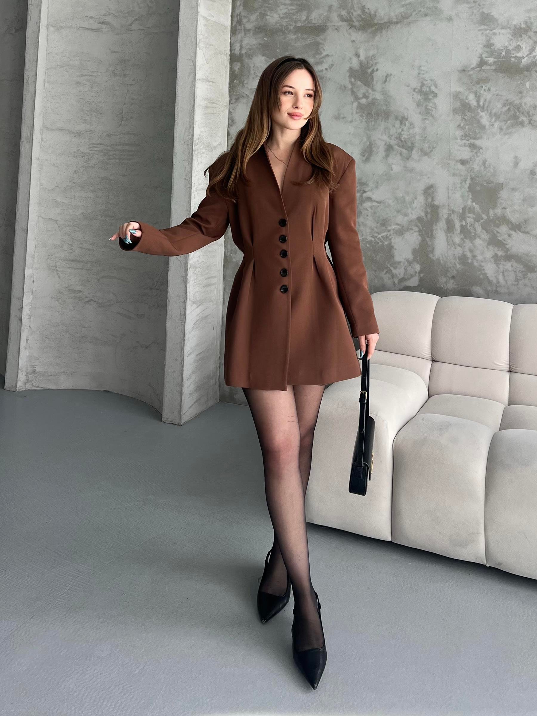 Beli Pileli Kahverengi Blazer Ceket Elbise