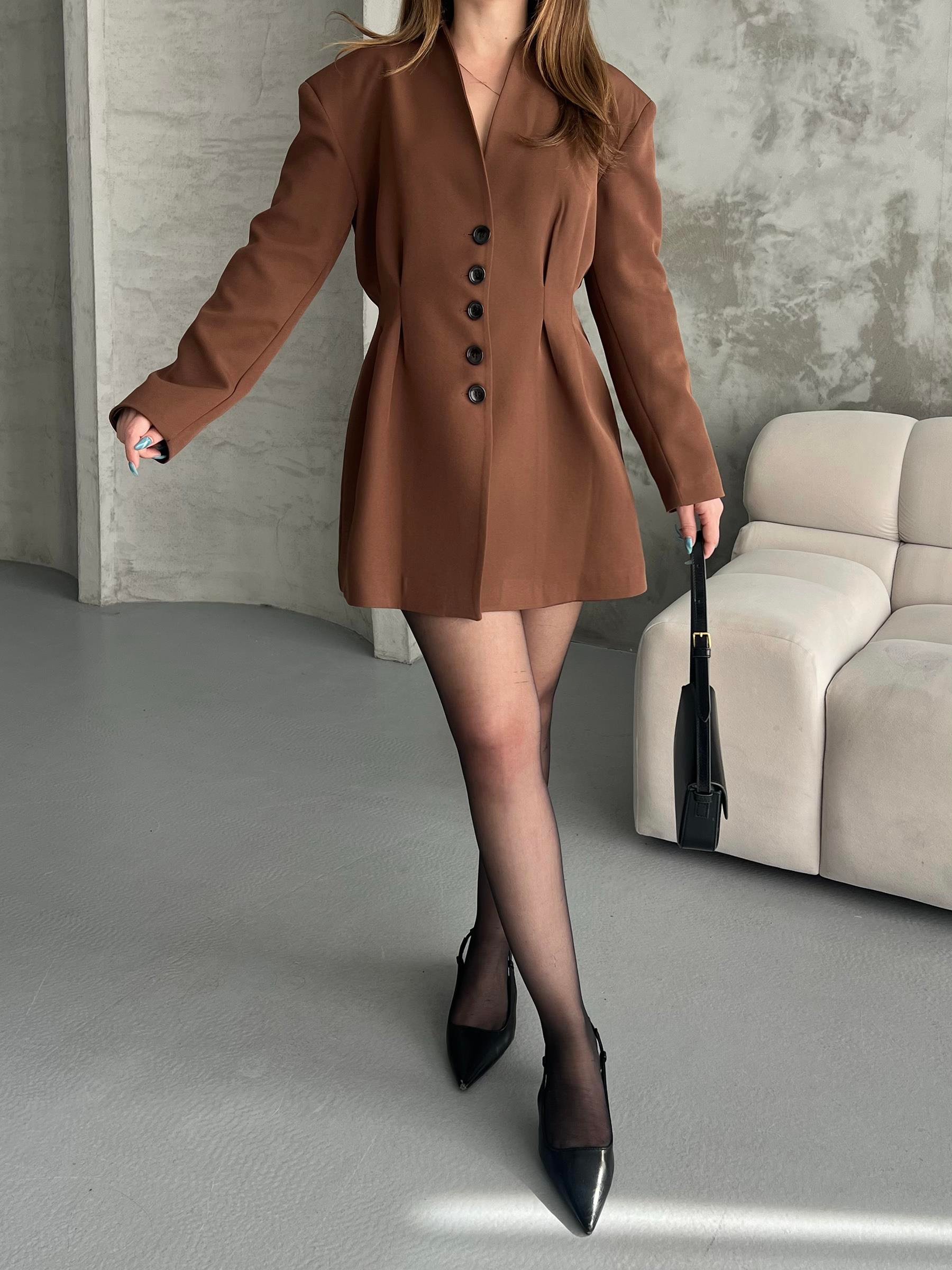 Beli Pileli Kahverengi Blazer Ceket Elbise